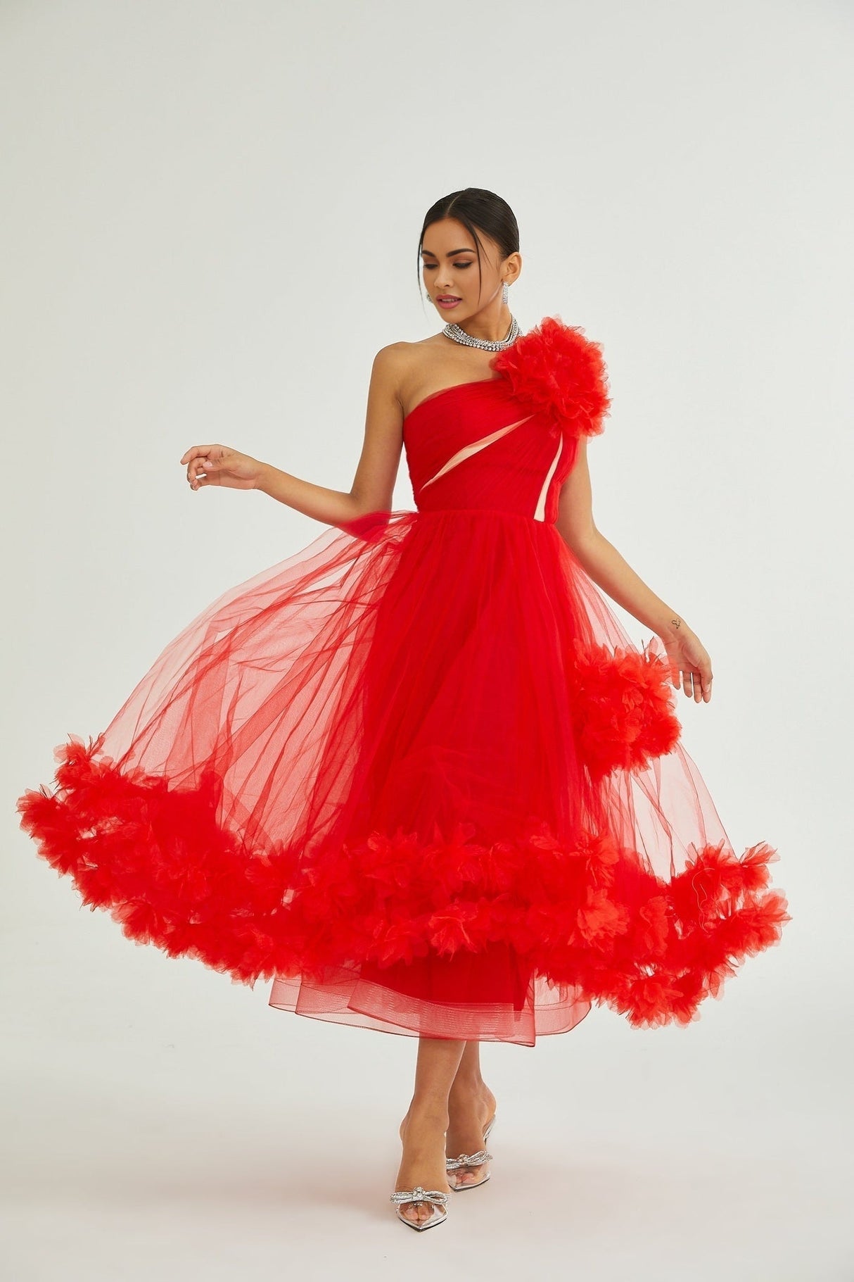 Carla Midi Dress - Mono Shoulder - Tulle Panels - Gathered Detailing - Faux Flower Detailing - Rear Zip Fastening