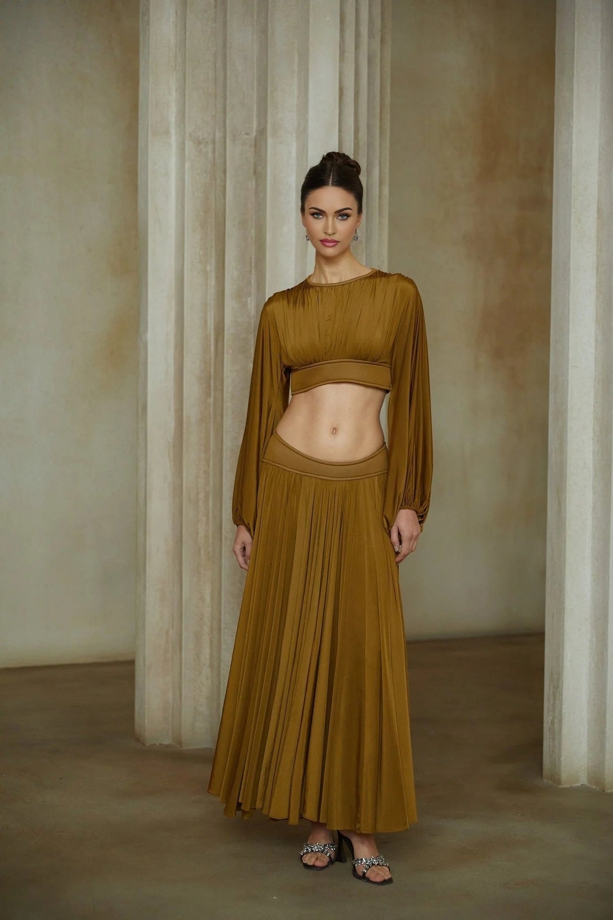 Carlotta Blouse & Skirt Set Green Pleated Maxi