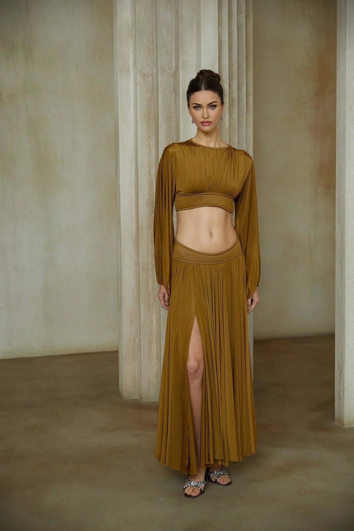 Carlotta Blouse & Skirt Set Green Pleated Maxi