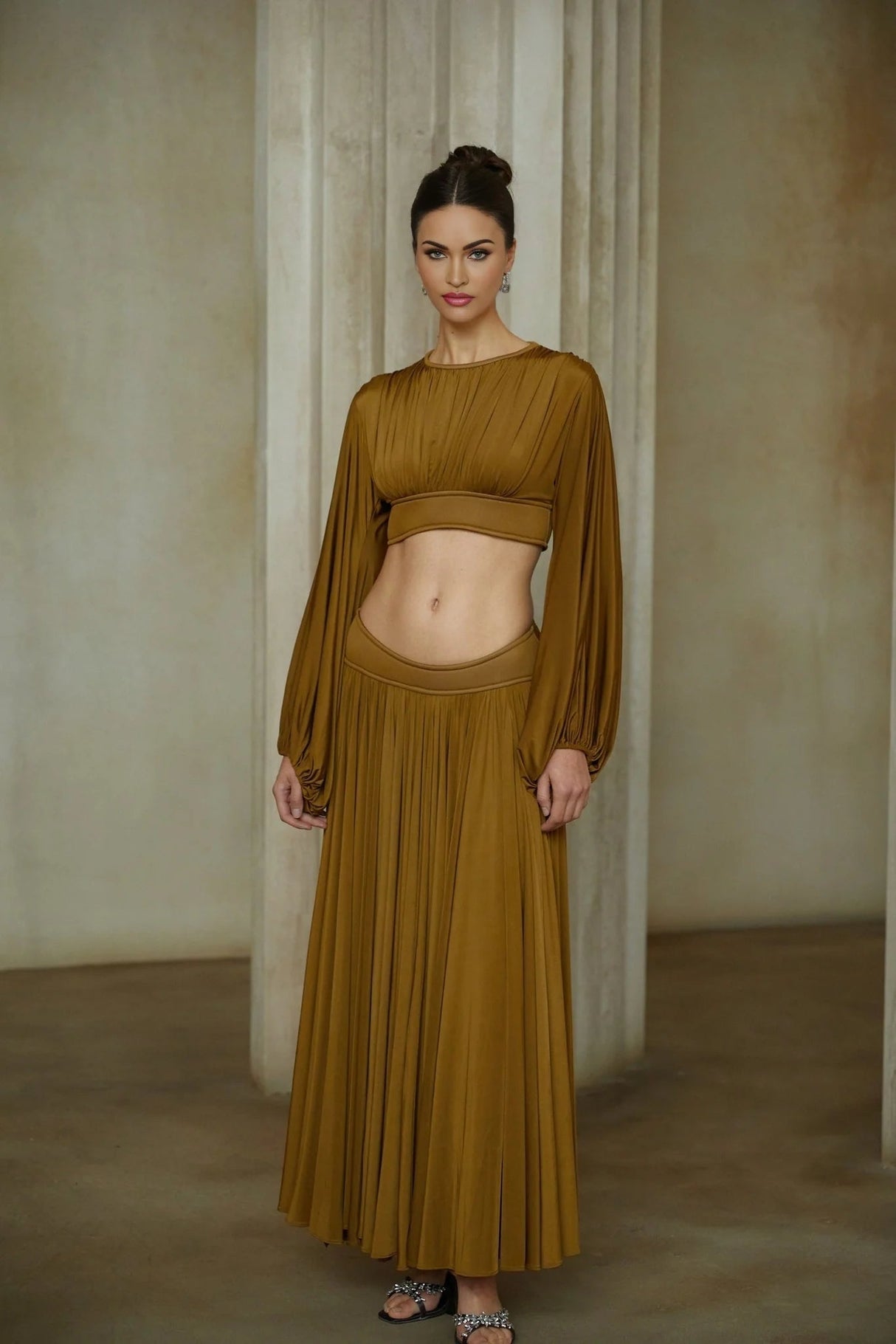 Carlotta Blouse & Skirt Set Green Pleated Maxi