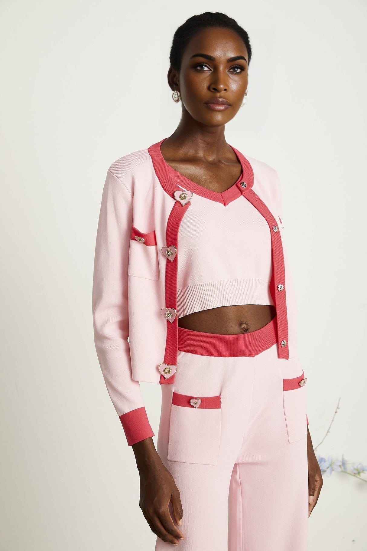 Carlotta Cardigan, Vest & Trousers Set - Round Neck - Front Button Fastening - V - Neck - Knitted Construction