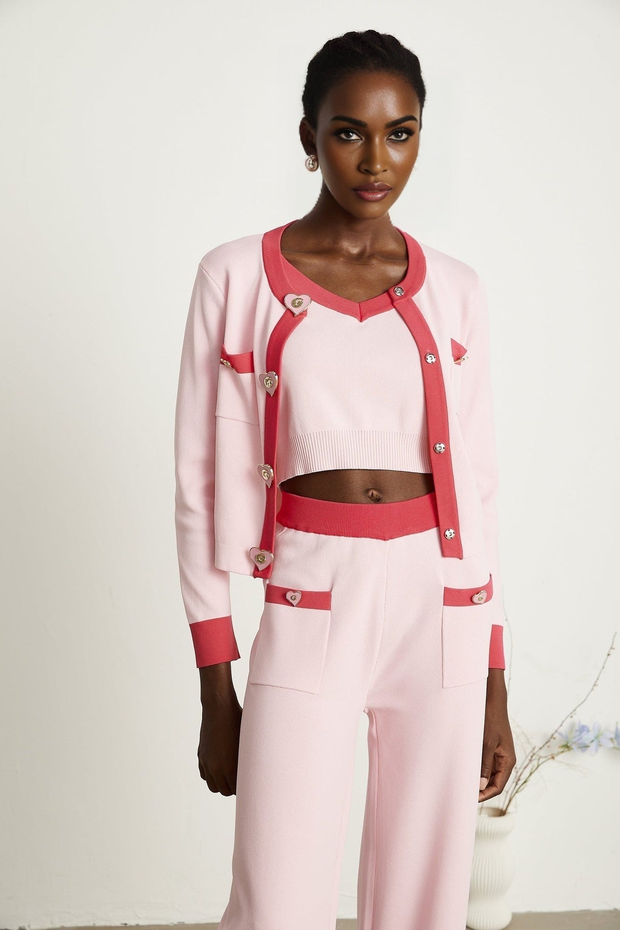 Carlotta Cardigan, Vest & Trousers Set - Round Neck - Front Button Fastening - V - Neck - Knitted Construction