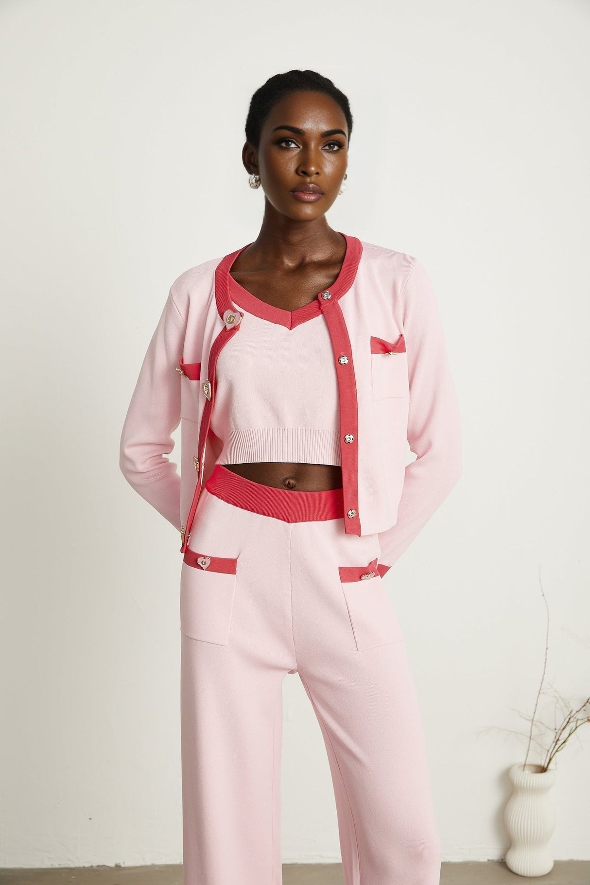 Carlotta Cardigan, Vest & Trousers Set - Round Neck - Front Button Fastening - V - Neck - Knitted Construction