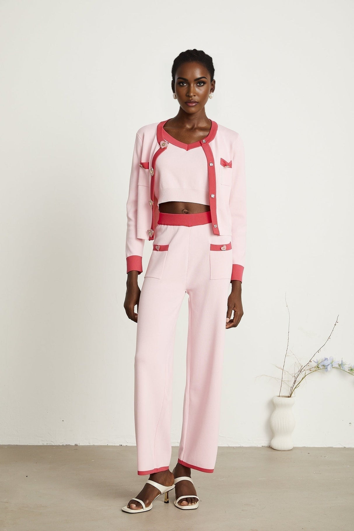 Carlotta Cardigan, Vest & Trousers Set - Round Neck - Front Button Fastening - V - Neck - Knitted Construction