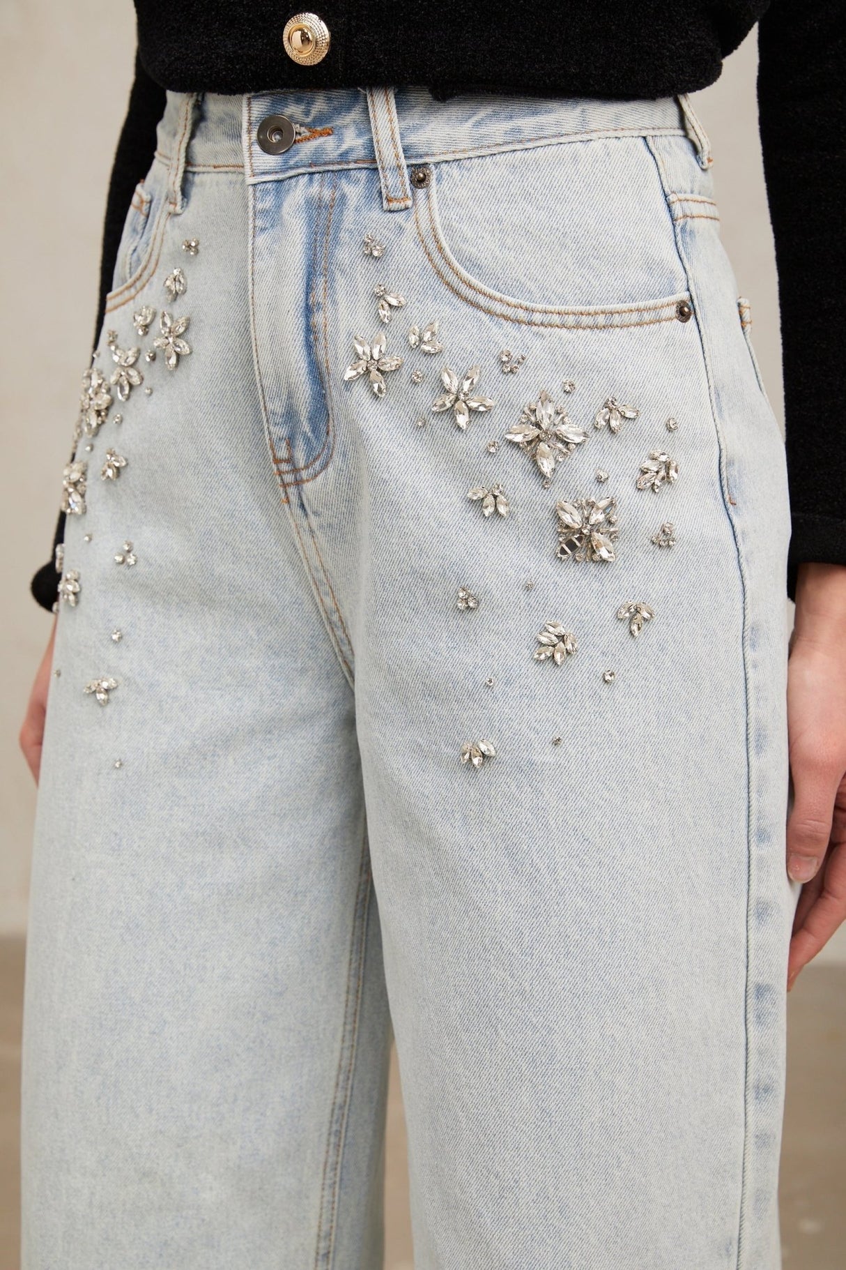 Carlotta Denim Jeans - Wide Legs - Crystal Embellishment - Long Length - Classic Pockets
