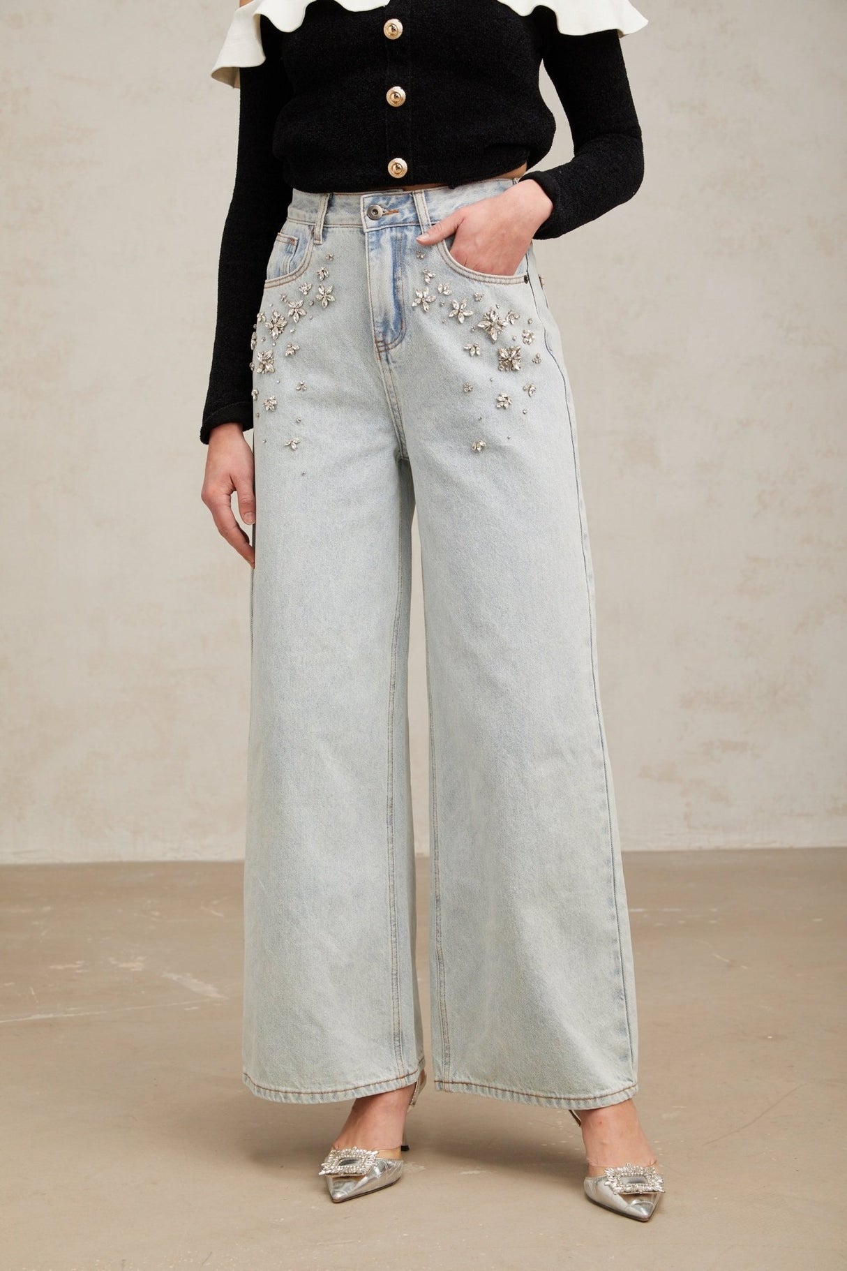 Carlotta Denim Jeans - Wide Legs - Crystal Embellishment - Long Length - Classic Pockets