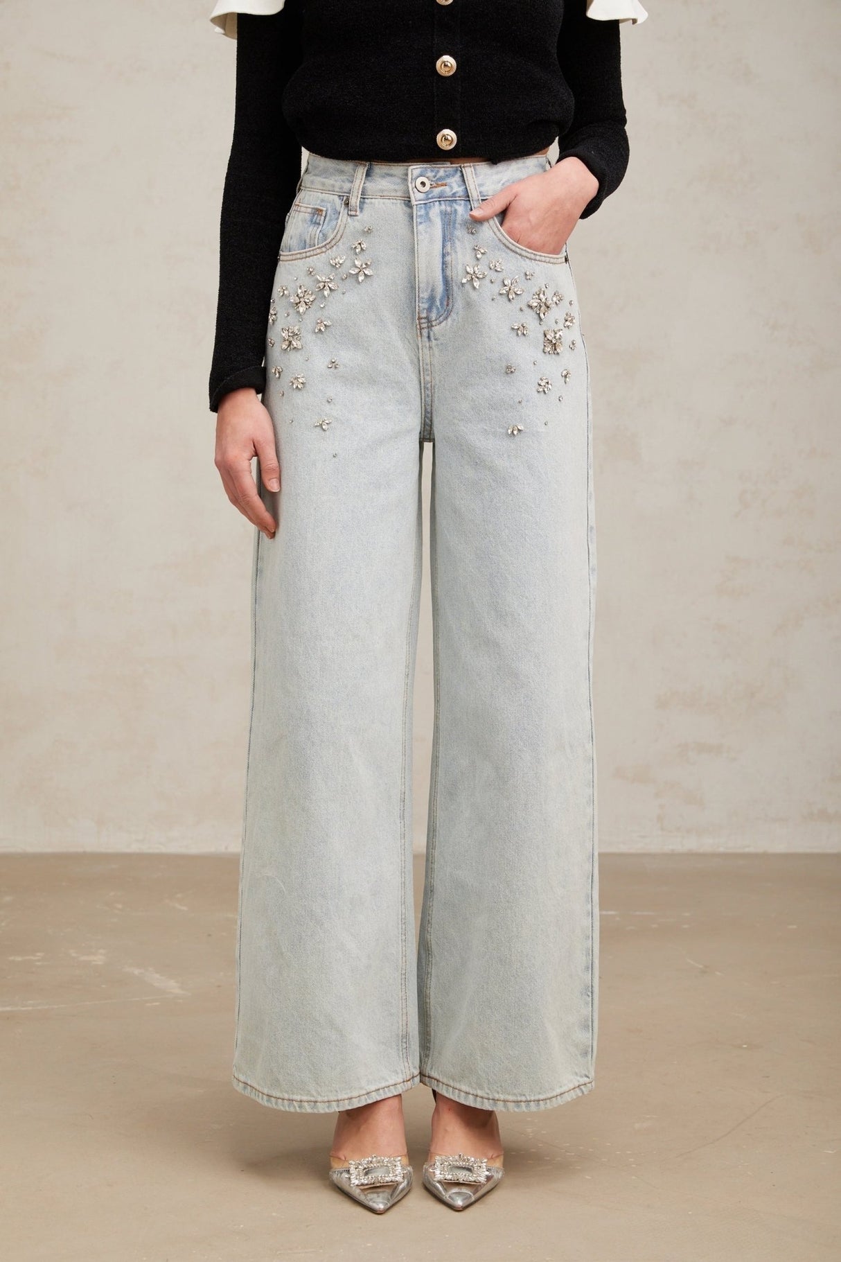 Carlotta Denim Jeans - Wide Legs - Crystal Embellishment - Long Length - Classic Pockets