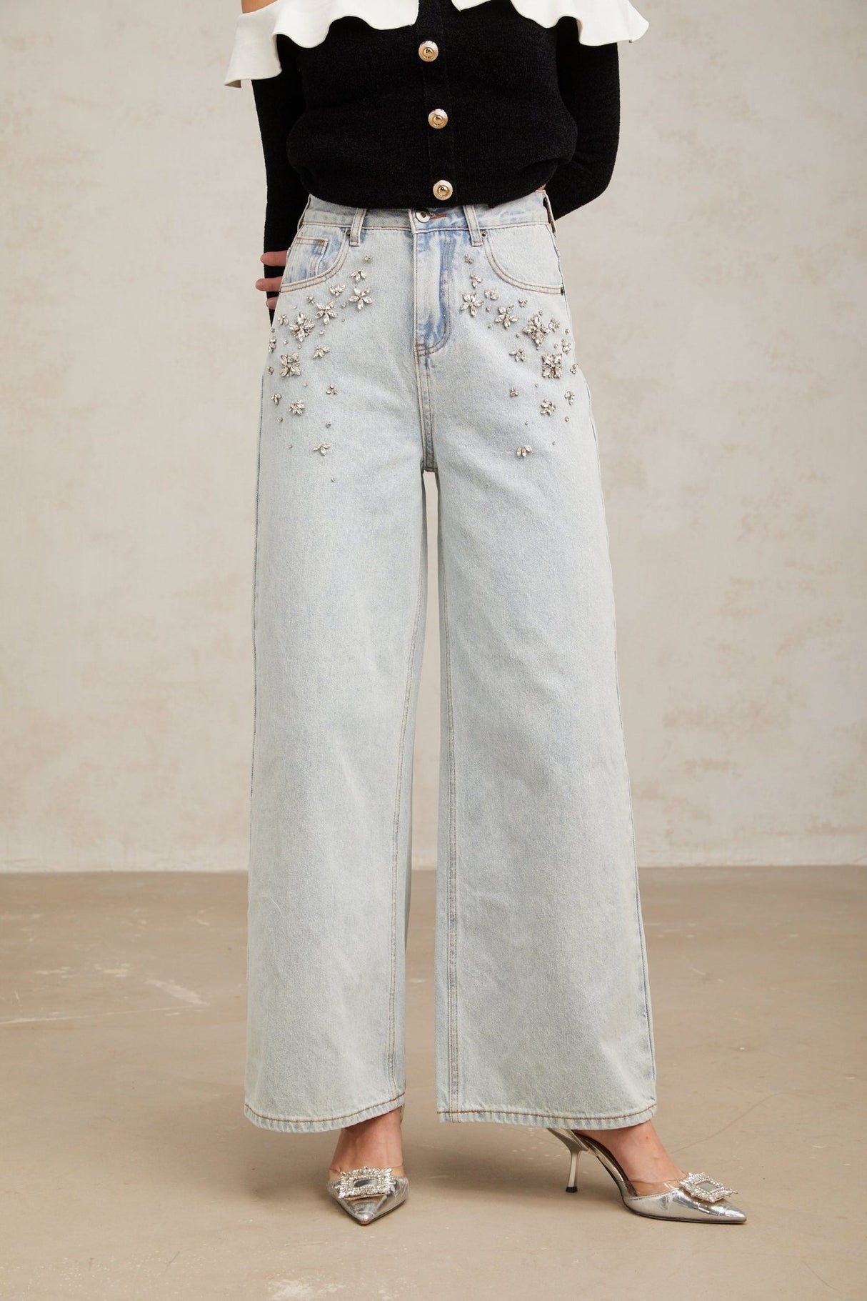 Carlotta Denim Jeans - Wide Legs - Crystal Embellishment - Long Length - Classic Pockets