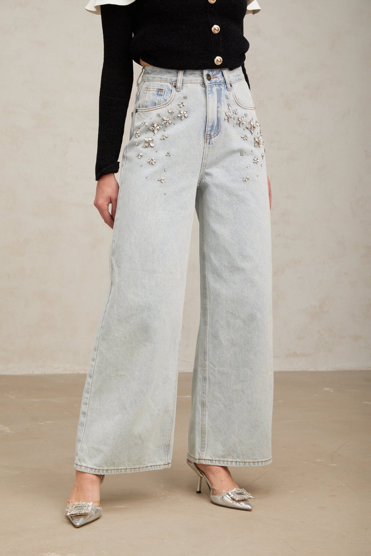 Carlotta Denim Jeans - Wide Legs - Crystal Embellishment - Long Length - Classic Pockets