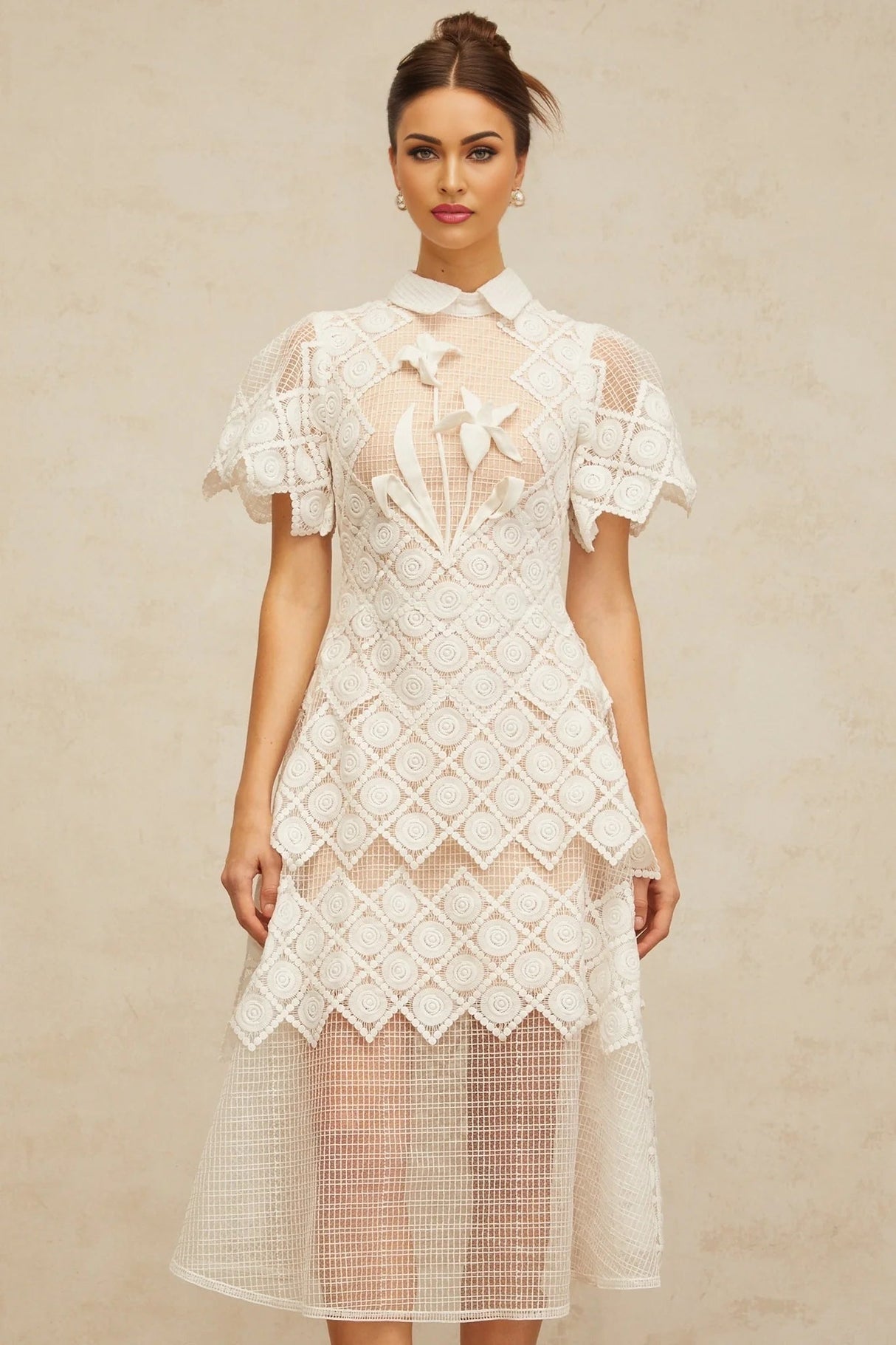 Carlotta Midi Dress White Floral Embroidered Tulle Sheer Cut - out & Cinched