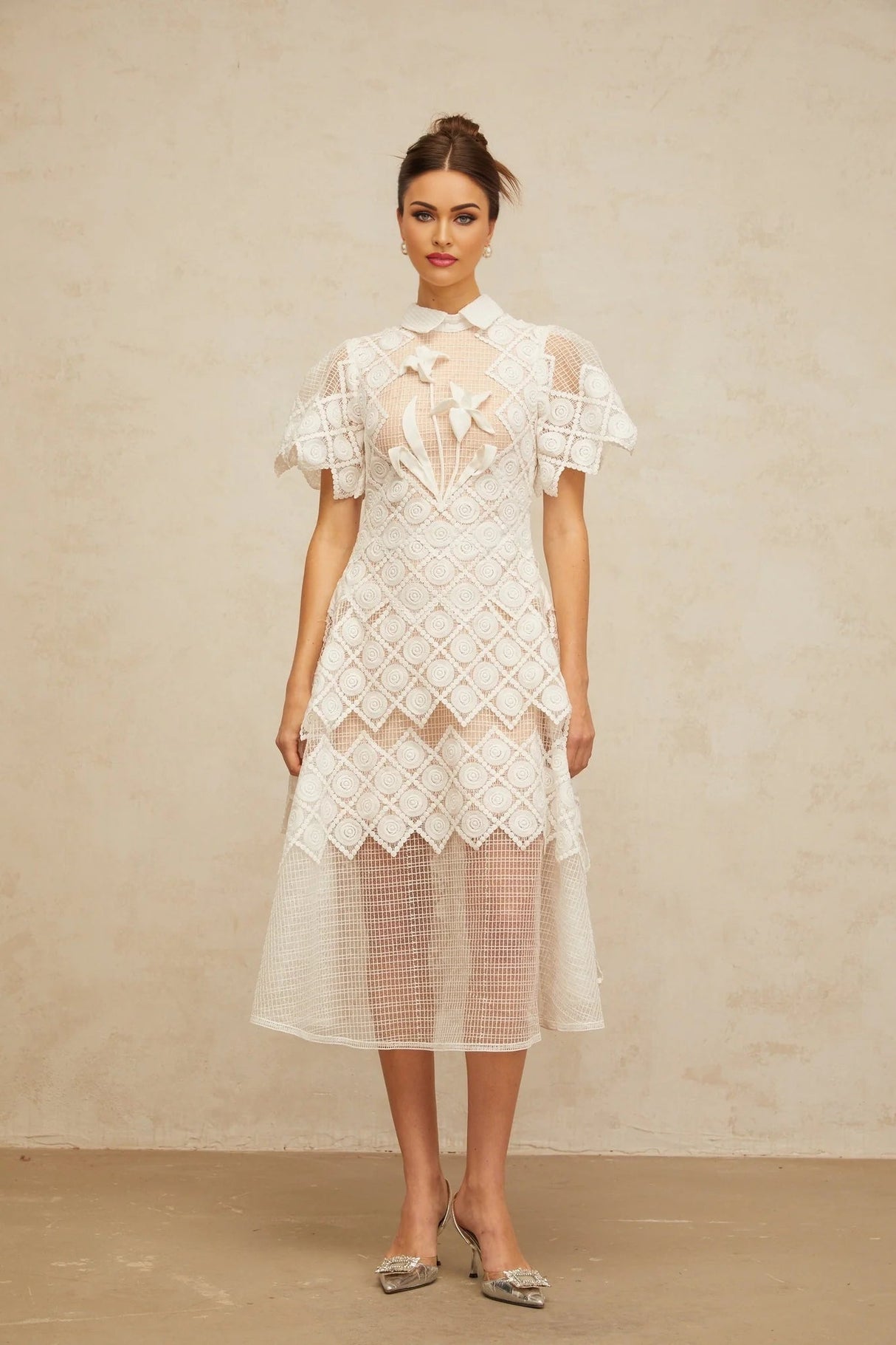 Carlotta Midi Dress White Floral Embroidered Tulle Sheer Cut - out & Cinched