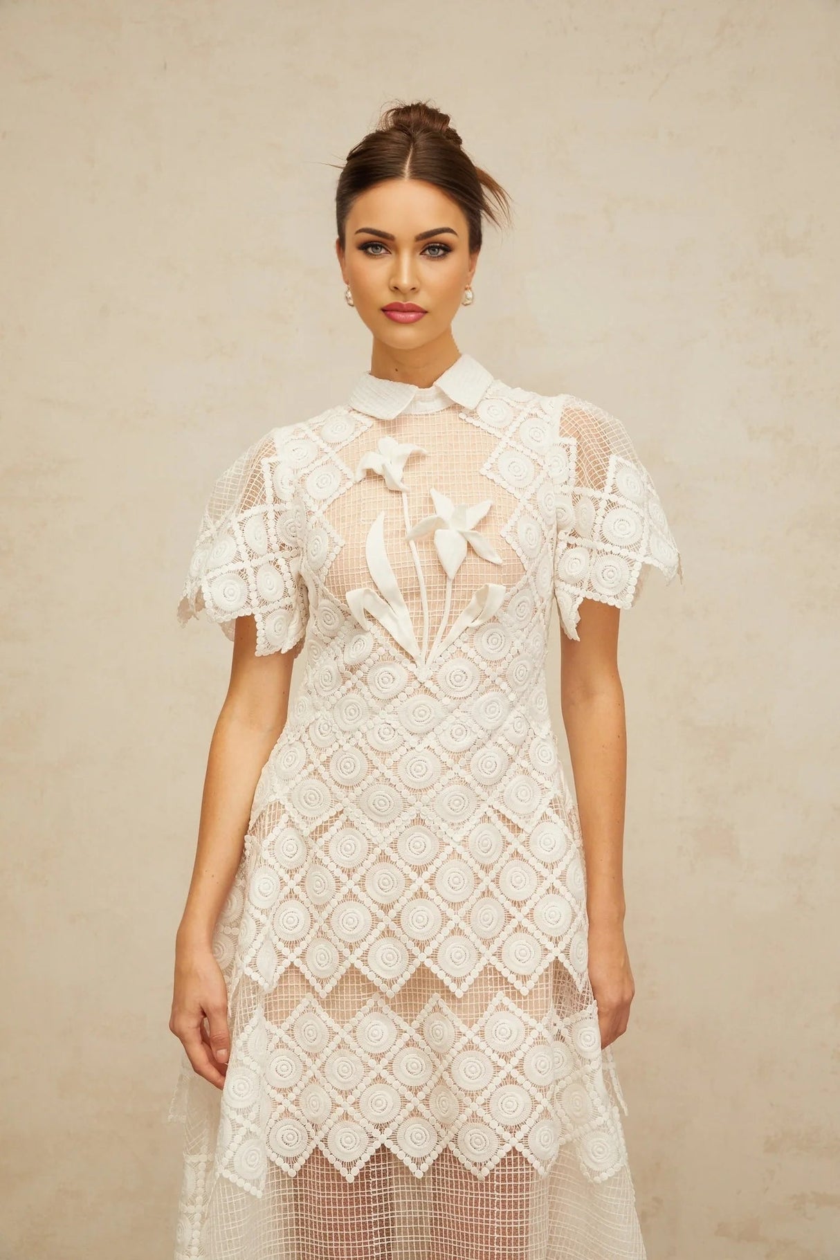 Carlotta Midi Dress White Floral Embroidered Tulle Sheer Cut - out & Cinched