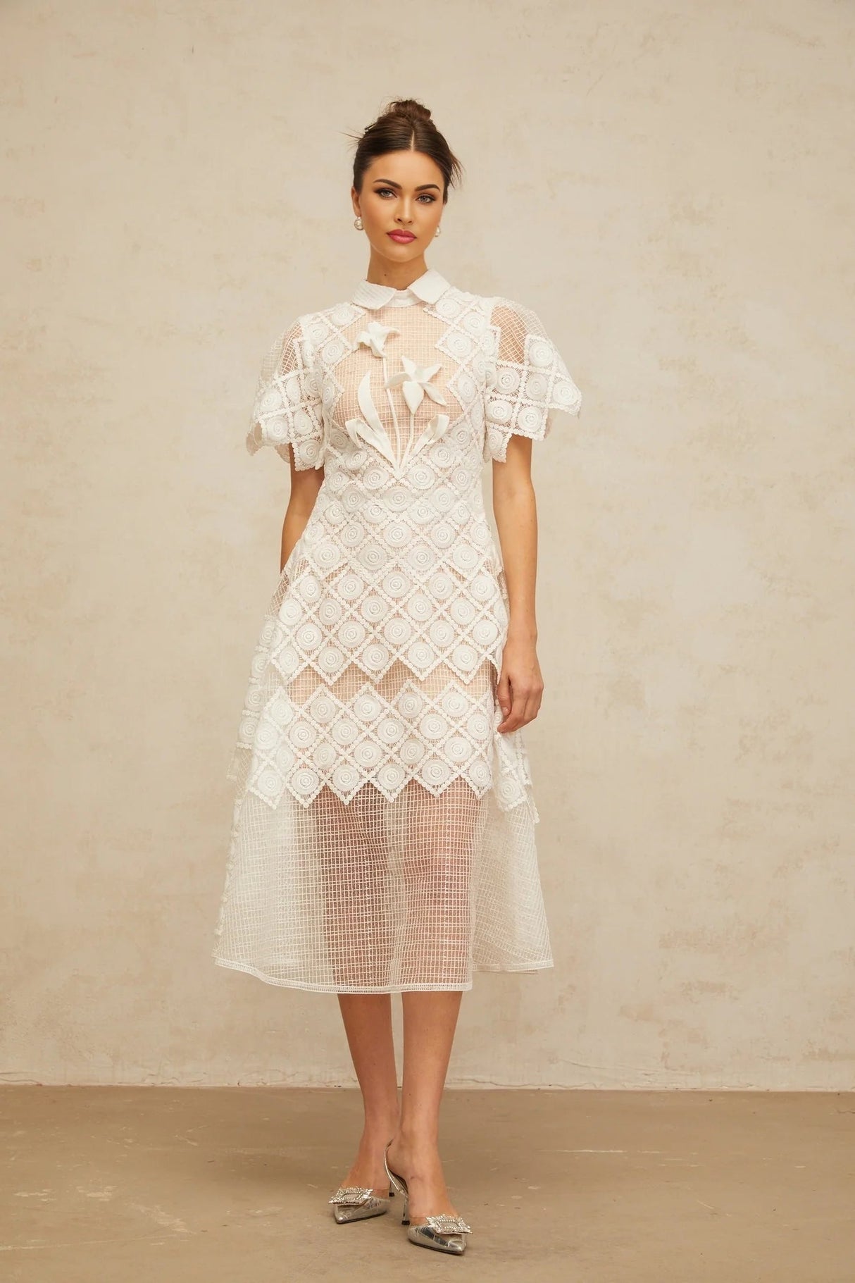 Carlotta Midi Dress White Floral Embroidered Tulle Sheer Cut - out & Cinched