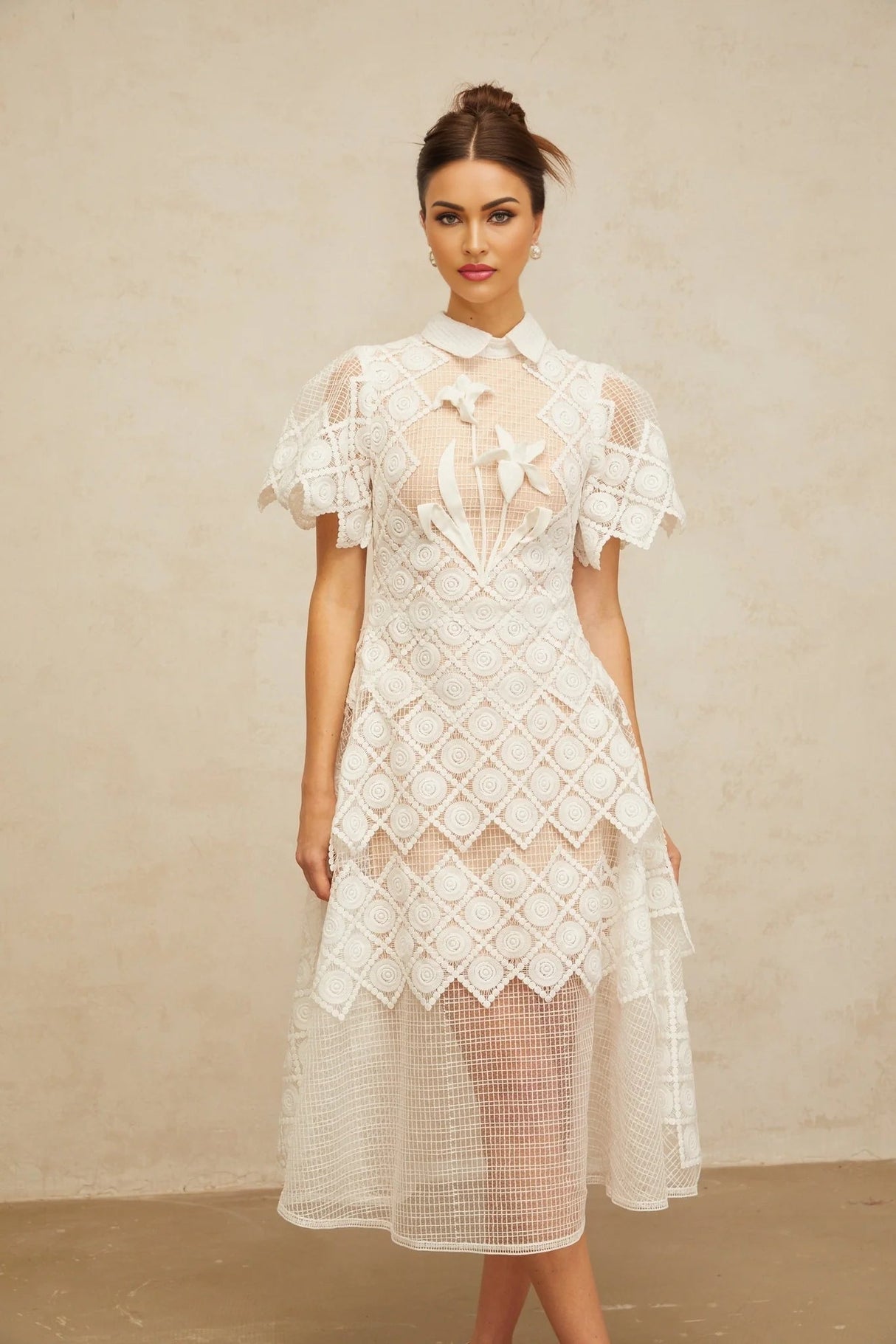 Carlotta Midi Dress White Floral Embroidered Tulle Sheer Cut - out & Cinched