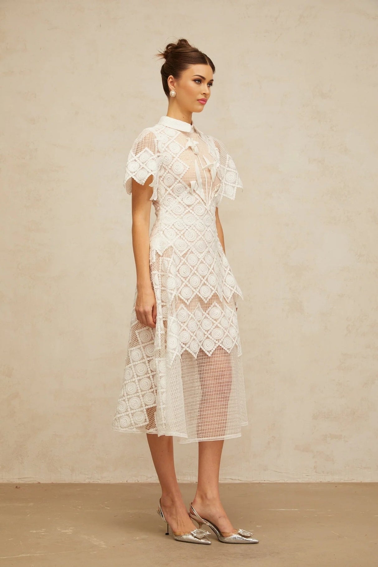 Carlotta Midi Dress White Floral Embroidered Tulle Sheer Cut - out & Cinched