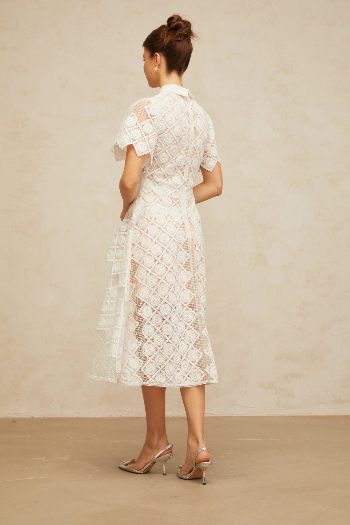 Carlotta Midi Dress White Floral Embroidered Tulle Sheer Cut - out & Cinched