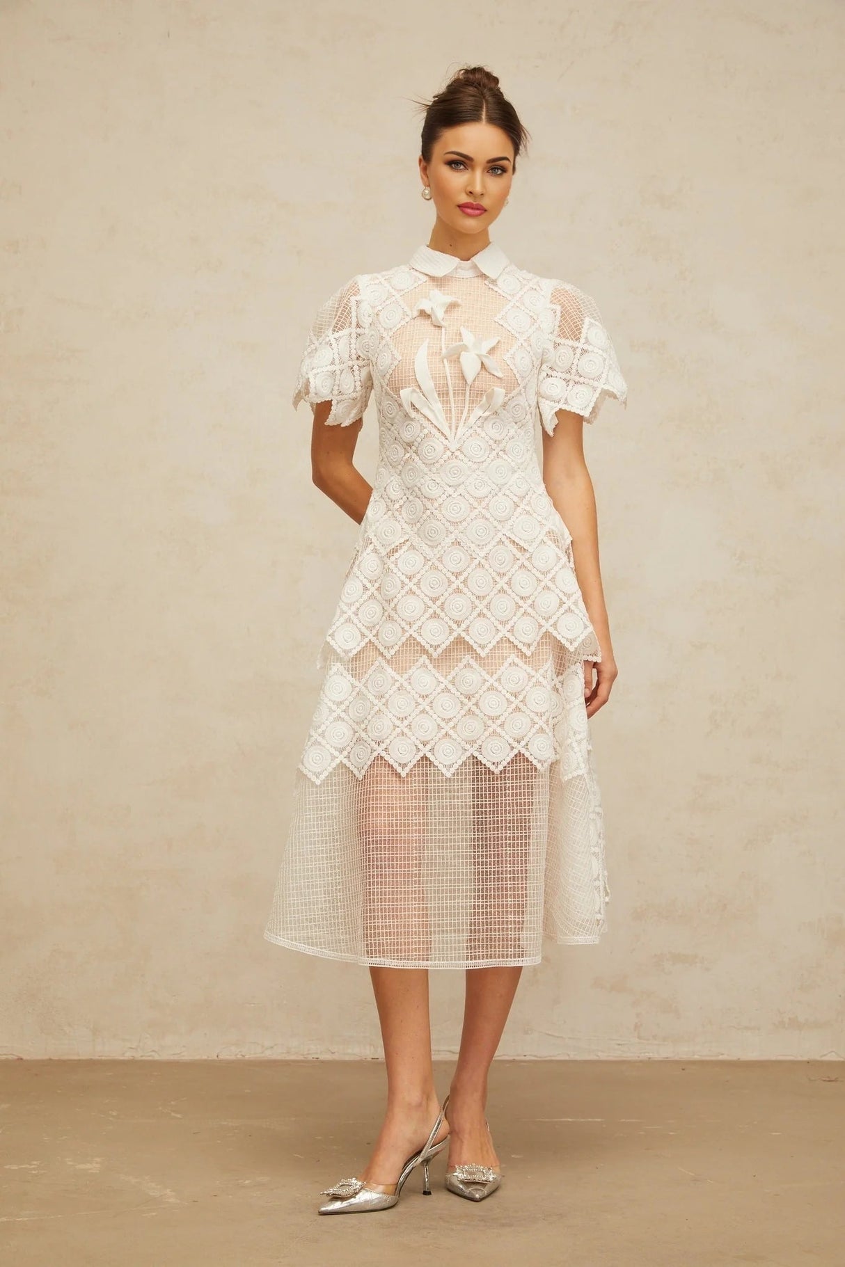 Carlotta Midi Dress White Floral Embroidered Tulle Sheer Cut - out & Cinched