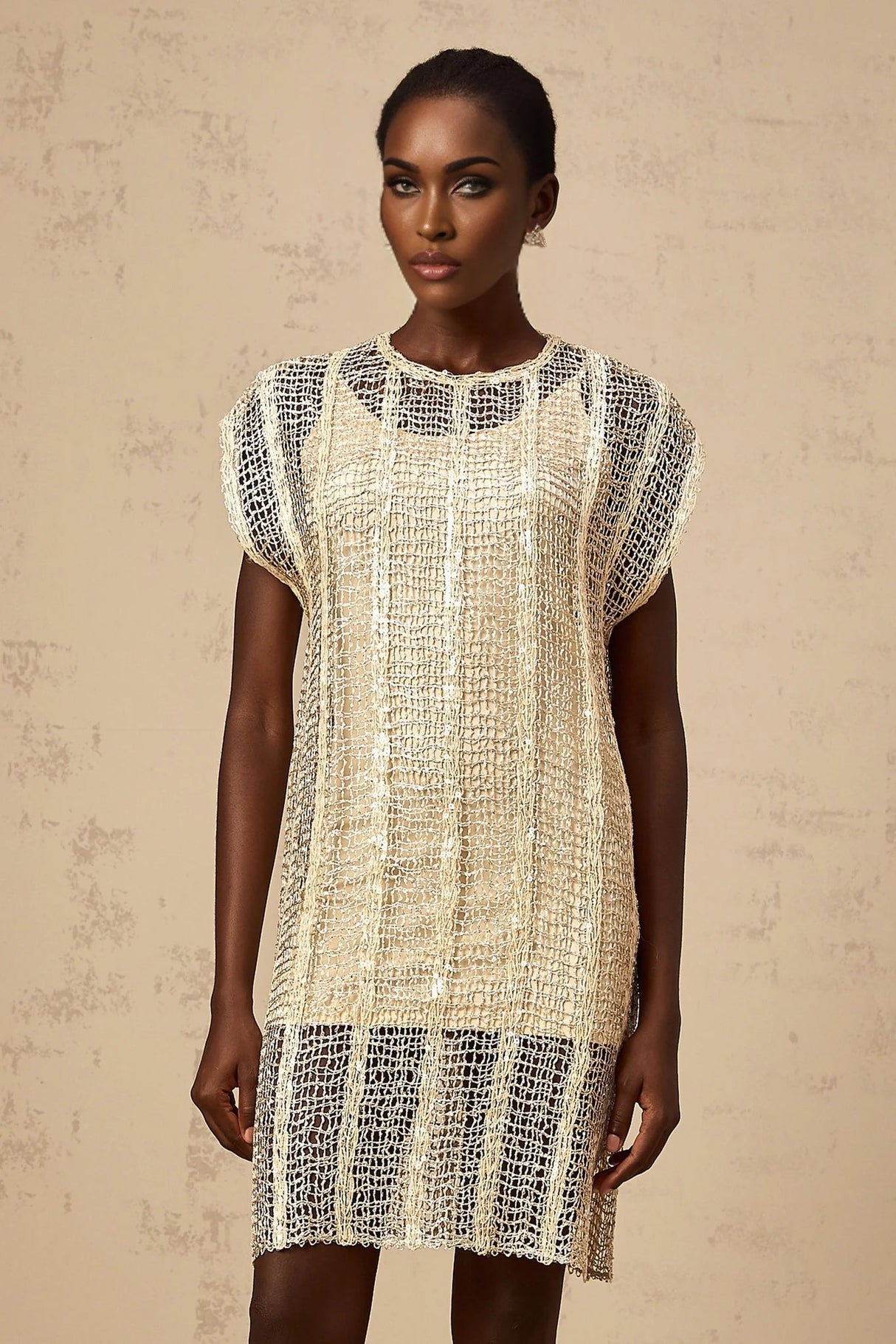 Carlotta Mini Dress Gold Sequin Cut - Out Basket Weave Shift & Slip Thigh - Length