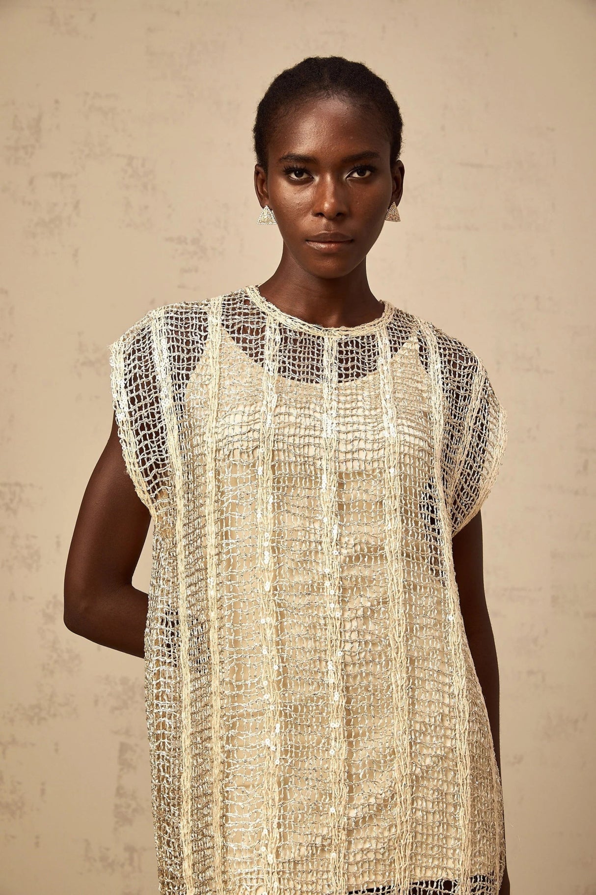 Carlotta Mini Dress Gold Sequin Cut - Out Basket Weave Shift & Slip Thigh - Length