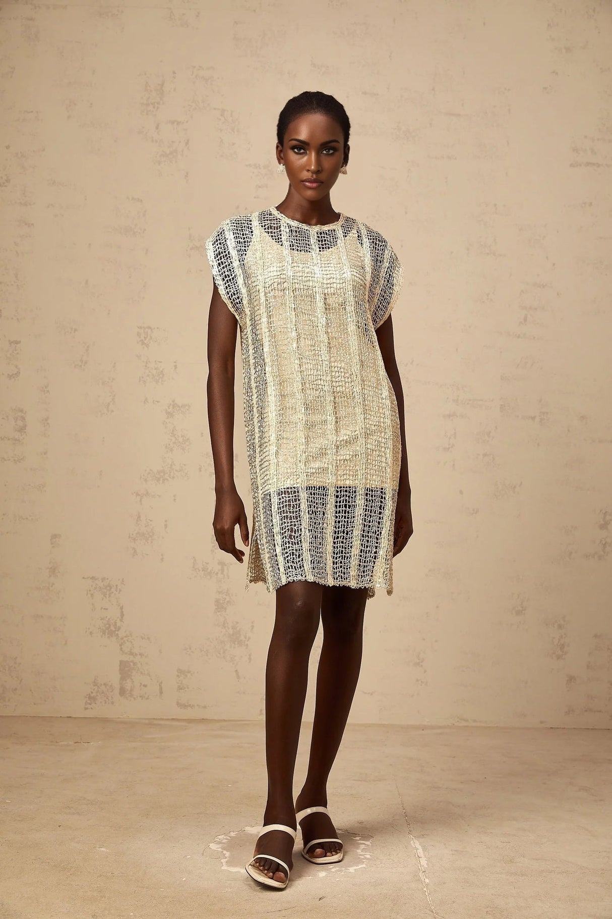 Carlotta Mini Dress Gold Sequin Cut - Out Basket Weave Shift & Slip Thigh - Length