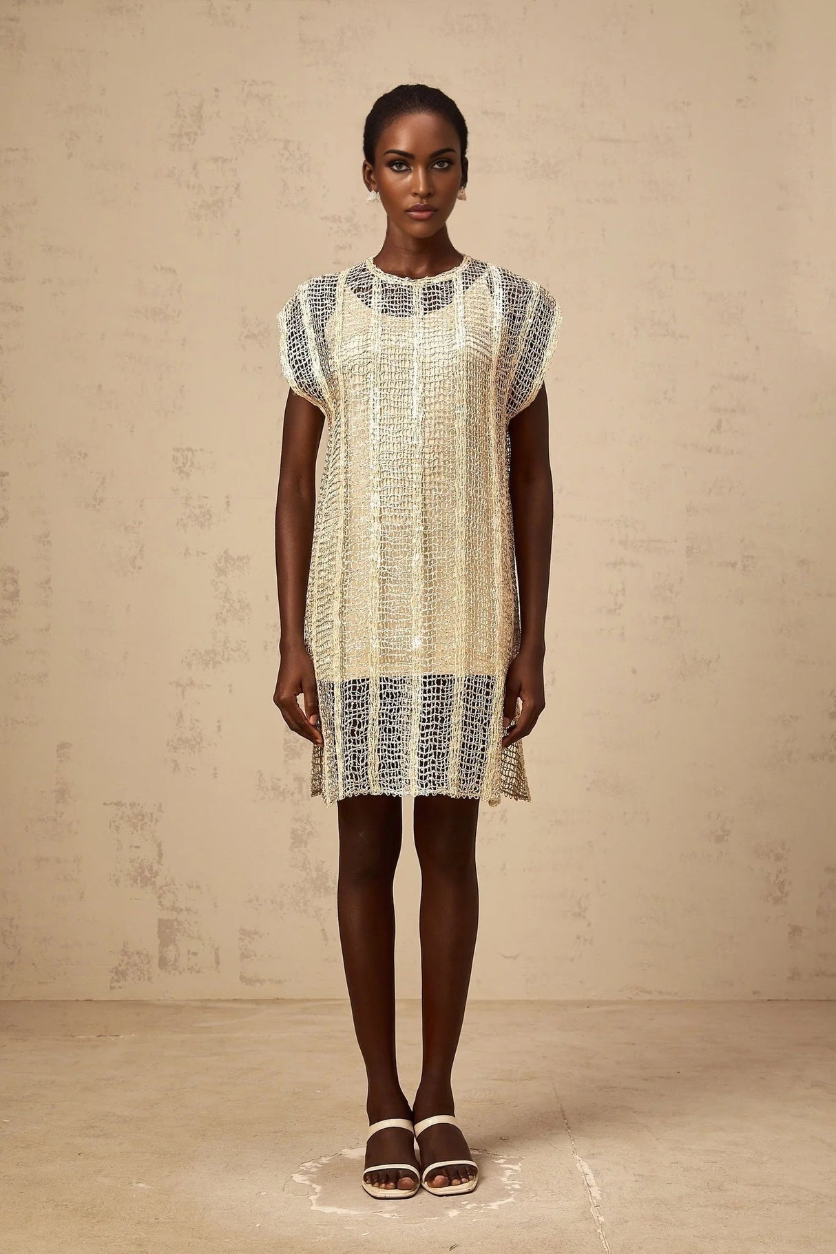 Carlotta Mini Dress Gold Sequin Cut - Out Basket Weave Shift & Slip Thigh - Length