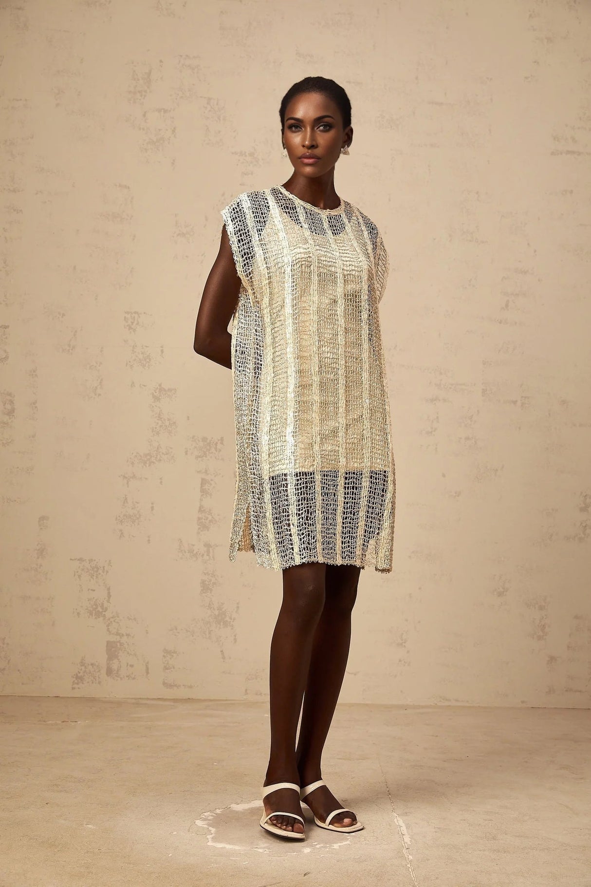 Carlotta Mini Dress Gold Sequin Cut - Out Basket Weave Shift & Slip Thigh - Length