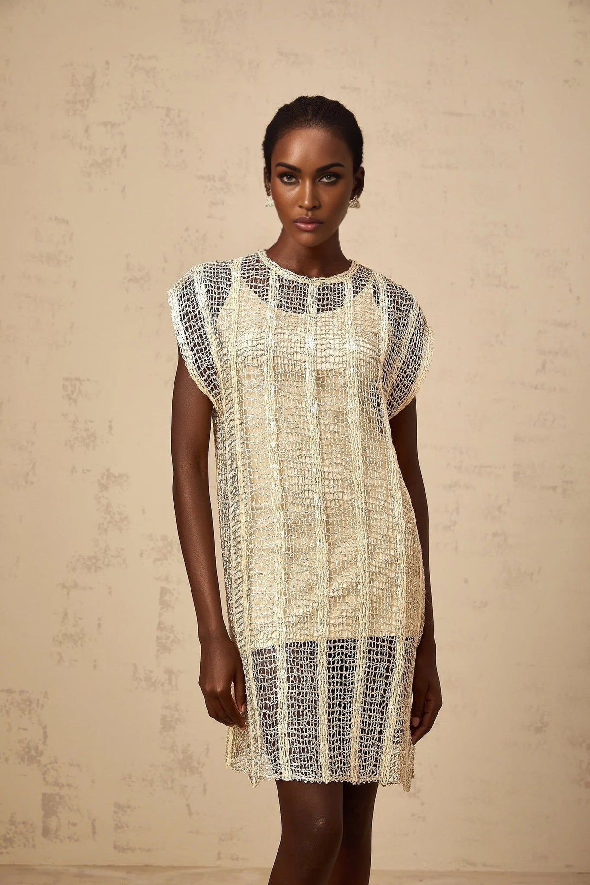 Carlotta Mini Dress Gold Sequin Cut - Out Basket Weave Shift & Slip Thigh - Length