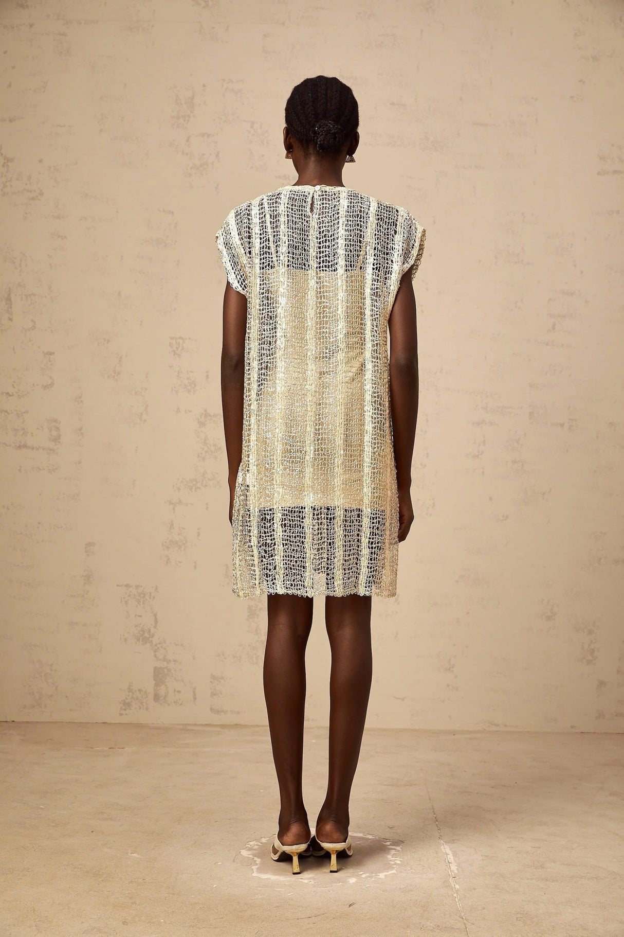 Carlotta Mini Dress Gold Sequin Cut - Out Basket Weave Shift & Slip Thigh - Length