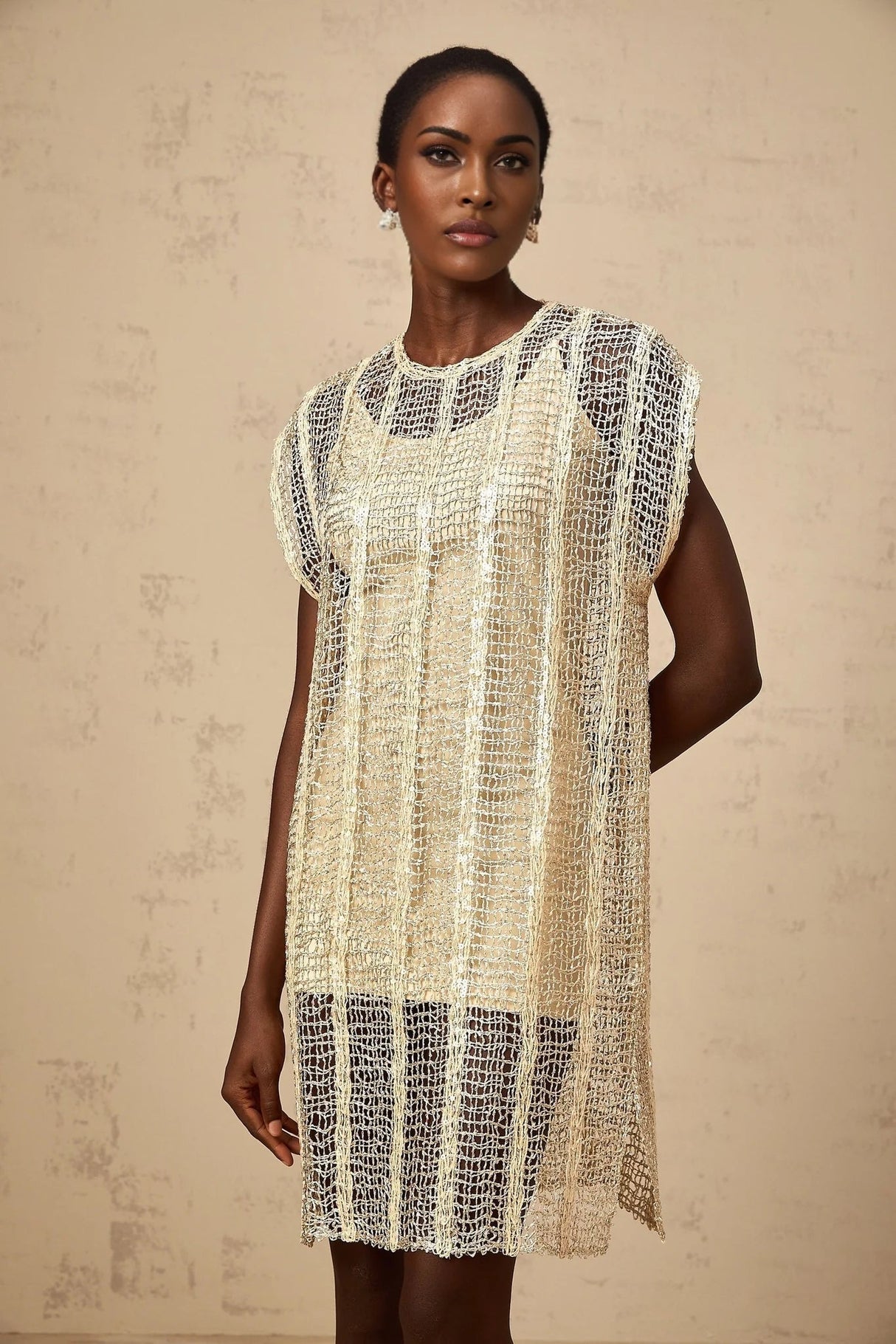 Carlotta Mini Dress Gold Sequin Cut - Out Basket Weave Shift & Slip Thigh - Length