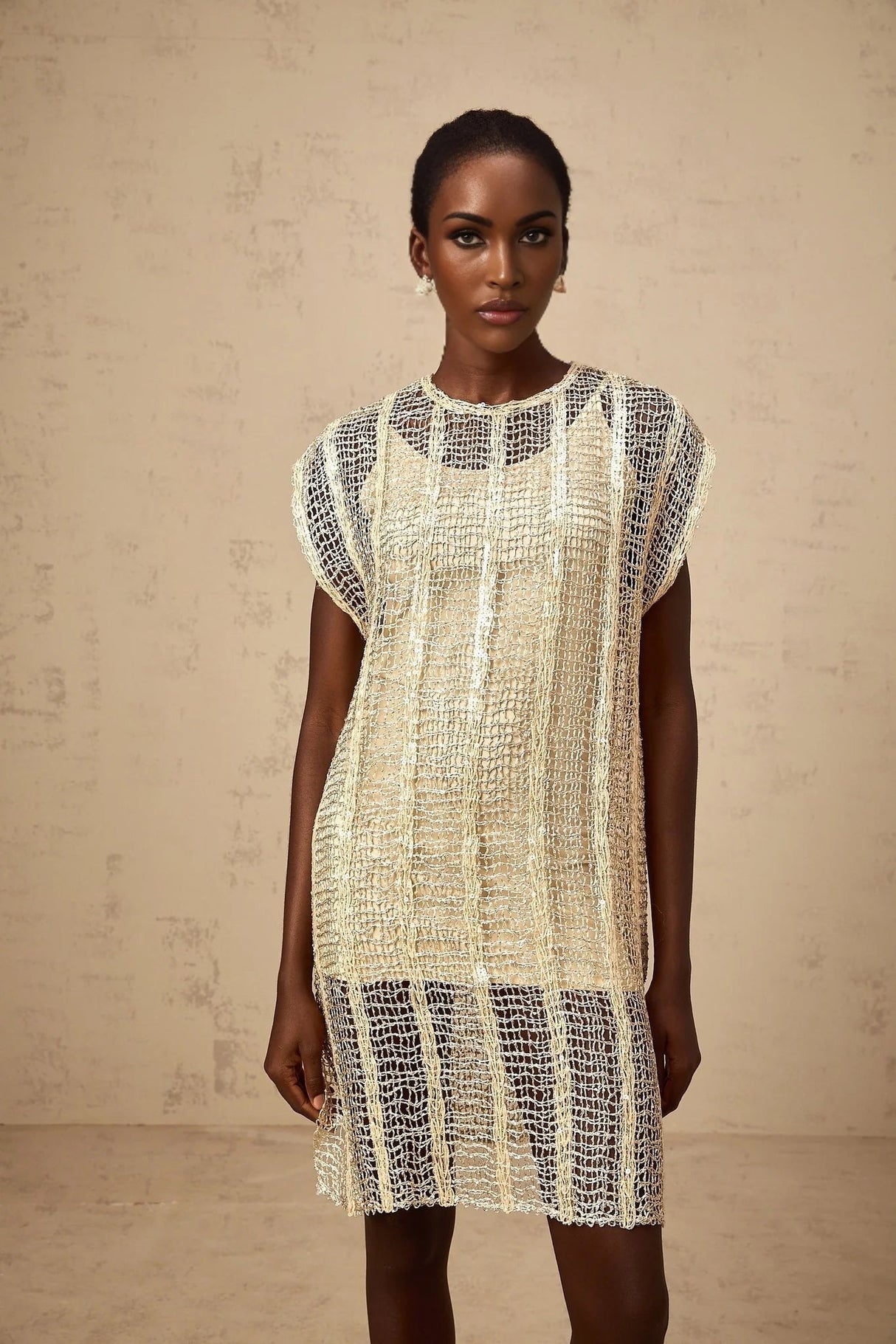 Carlotta Mini Dress Gold Sequin Cut - Out Basket Weave Shift & Slip Thigh - Length