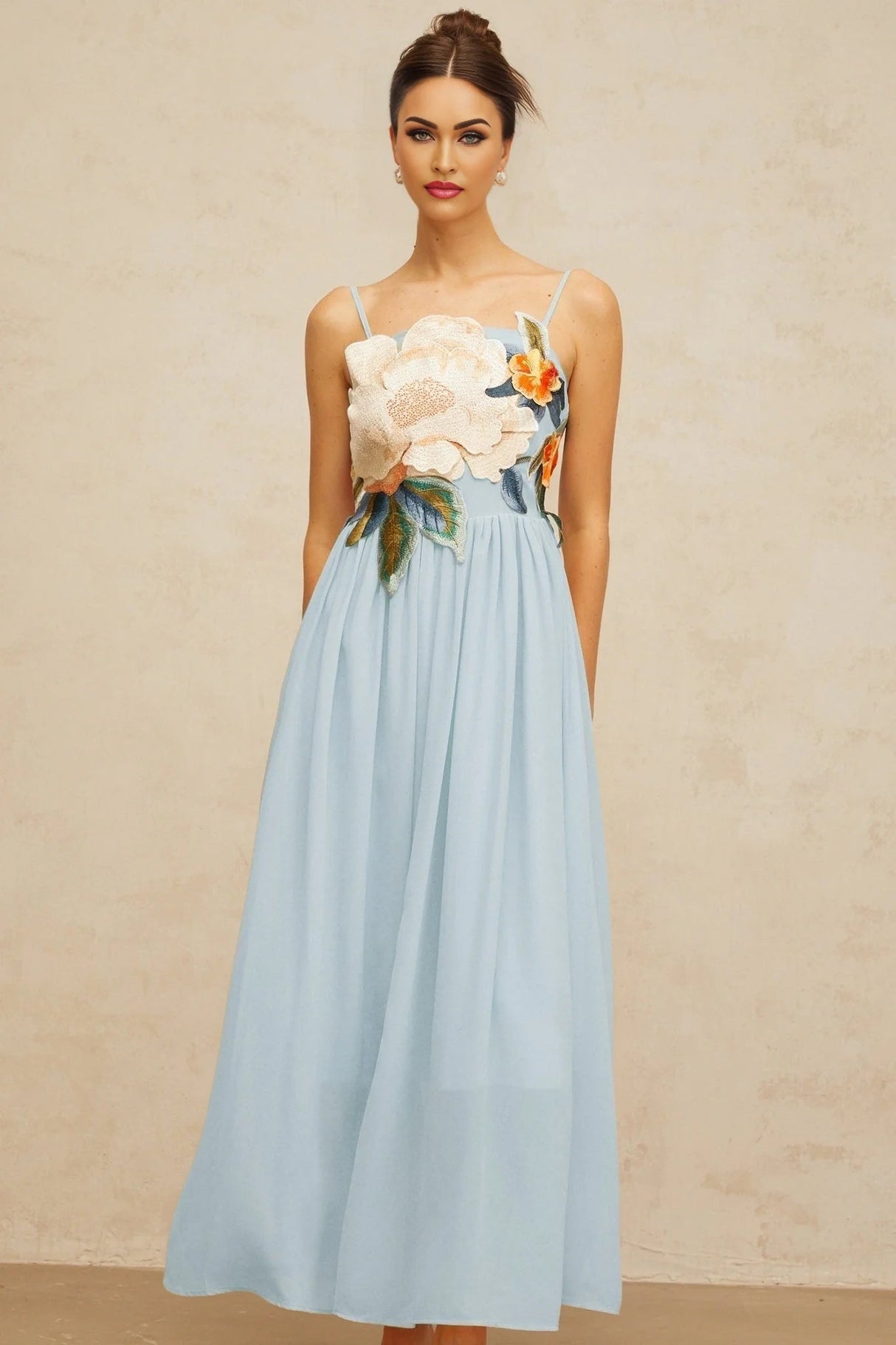 Carly Maxi Dress Blue Floral Embroidered Shirred Square Neck & Sleeveless