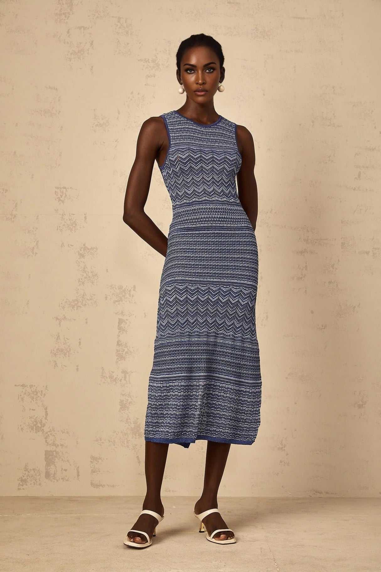 Carly Midi Dress Blue Wavy Crochet Knit Slit Hem & Metallic Thread