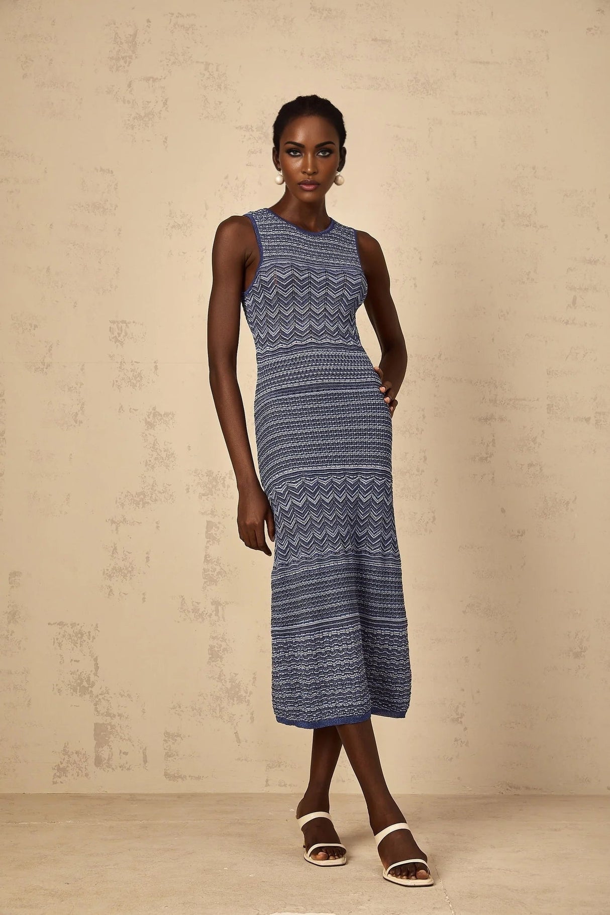 Carly Midi Dress Blue Wavy Crochet Knit Slit Hem & Metallic Thread