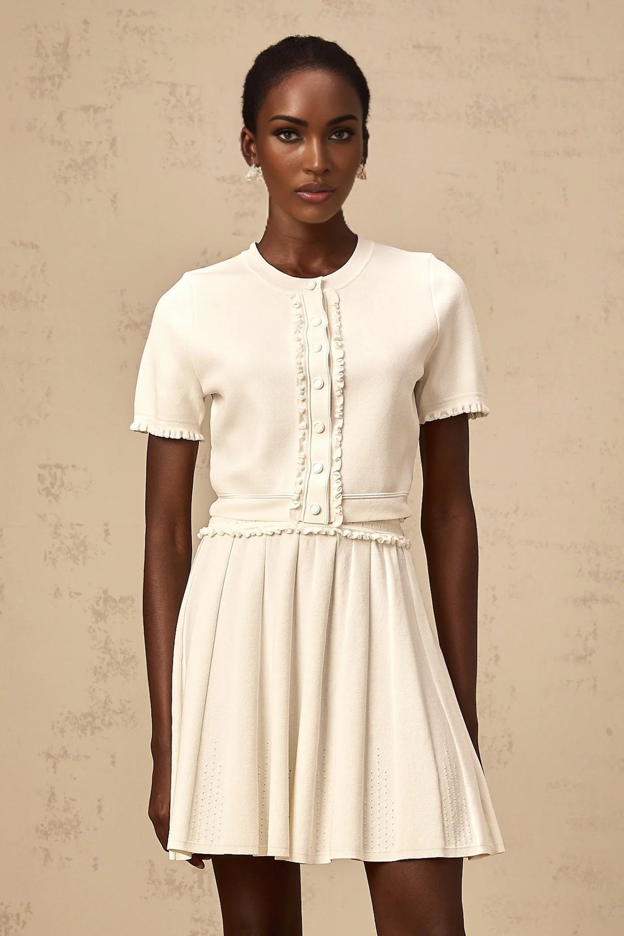 Carly Top & Skirt Set White Knit Ruffled Trim Pleated Elastic Waistband