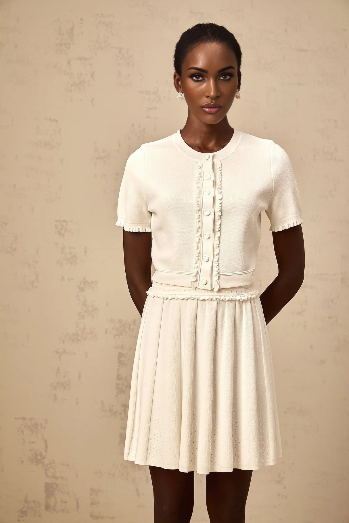 Carly Top & Skirt Set White Knit Ruffled Trim Pleated Elastic Waistband