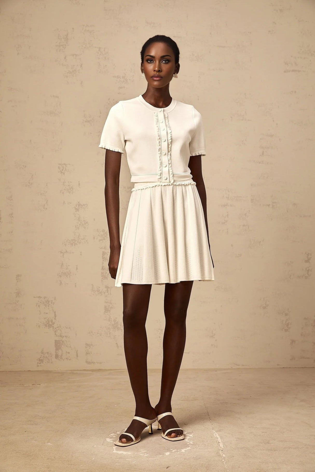 Carly Top & Skirt Set White Knit Ruffled Trim Pleated Elastic Waistband