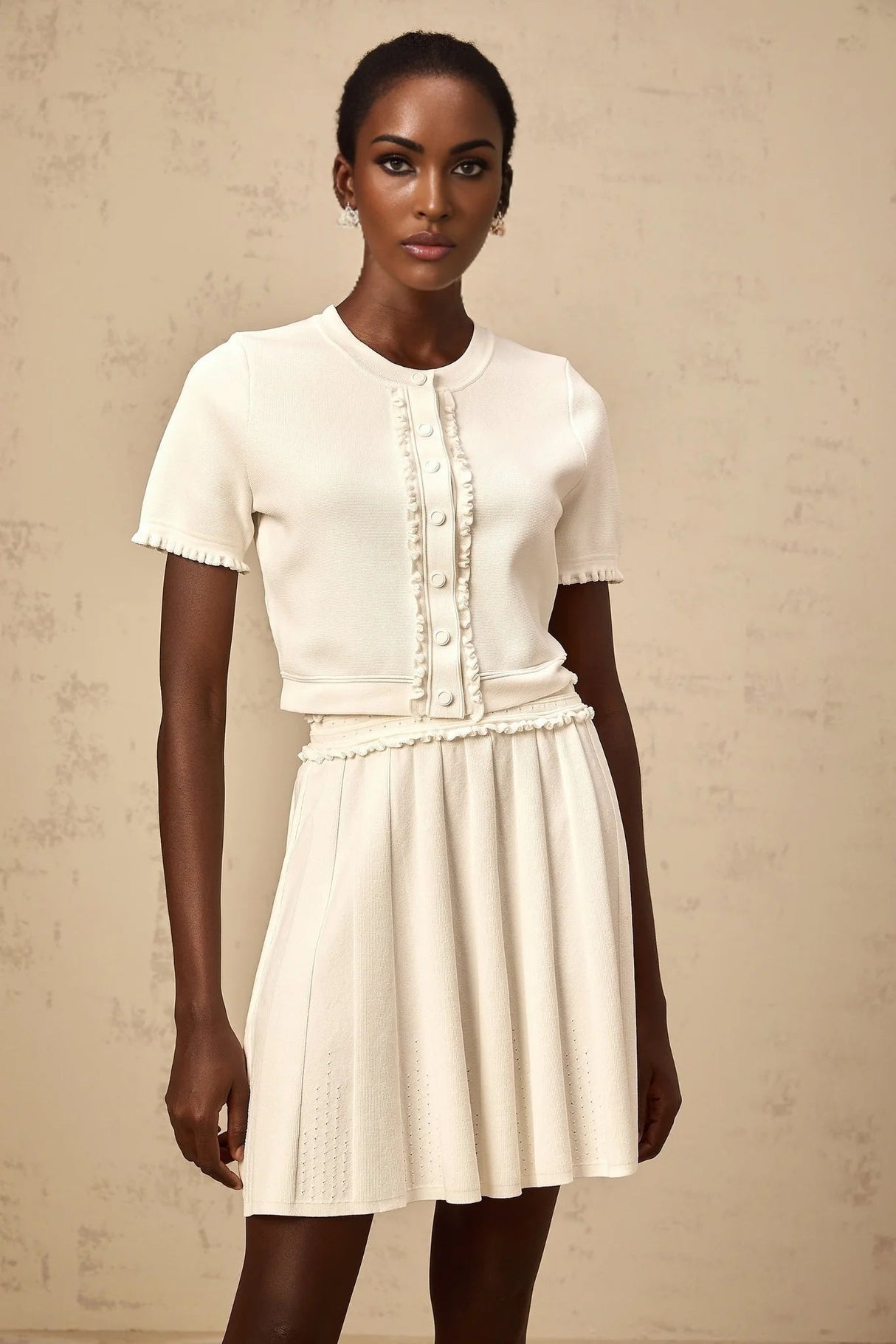 Carly Top & Skirt Set White Knit Ruffled Trim Pleated Elastic Waistband