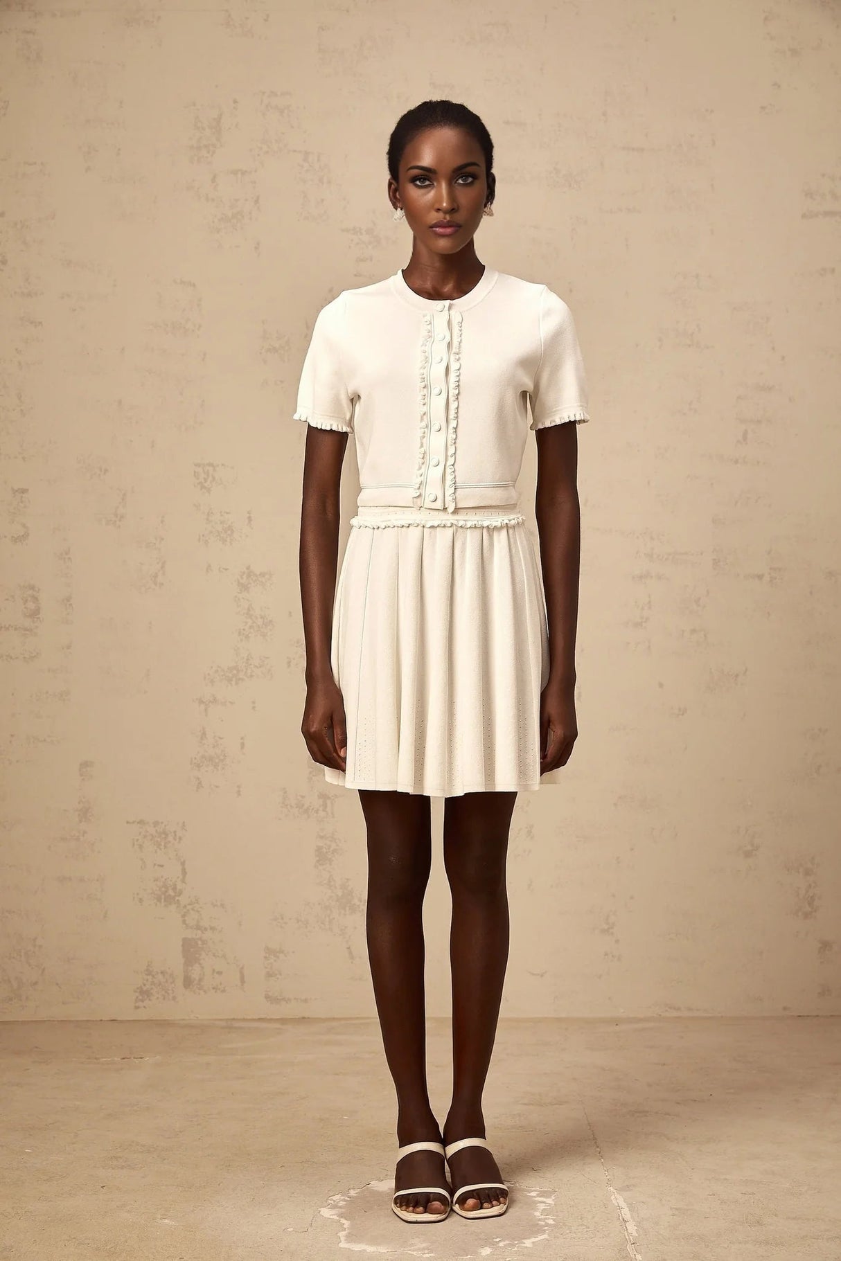 Carly Top & Skirt Set White Knit Ruffled Trim Pleated Elastic Waistband