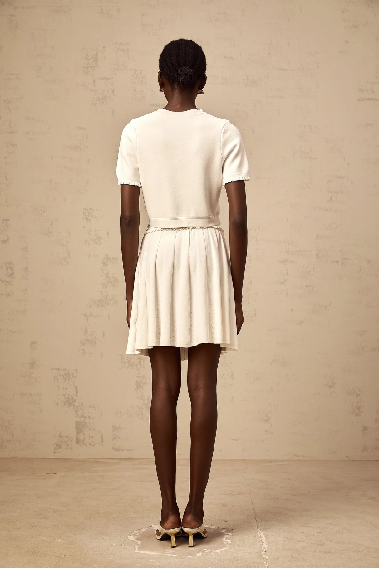 Carly Top & Skirt Set White Knit Ruffled Trim Pleated Elastic Waistband