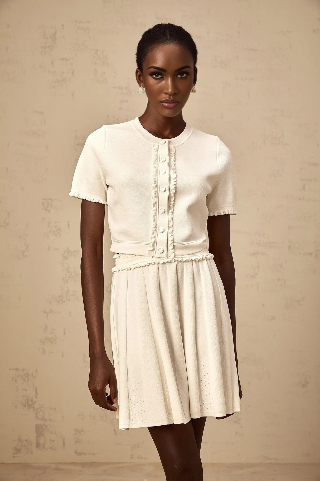 Carly Top & Skirt Set White Knit Ruffled Trim Pleated Elastic Waistband