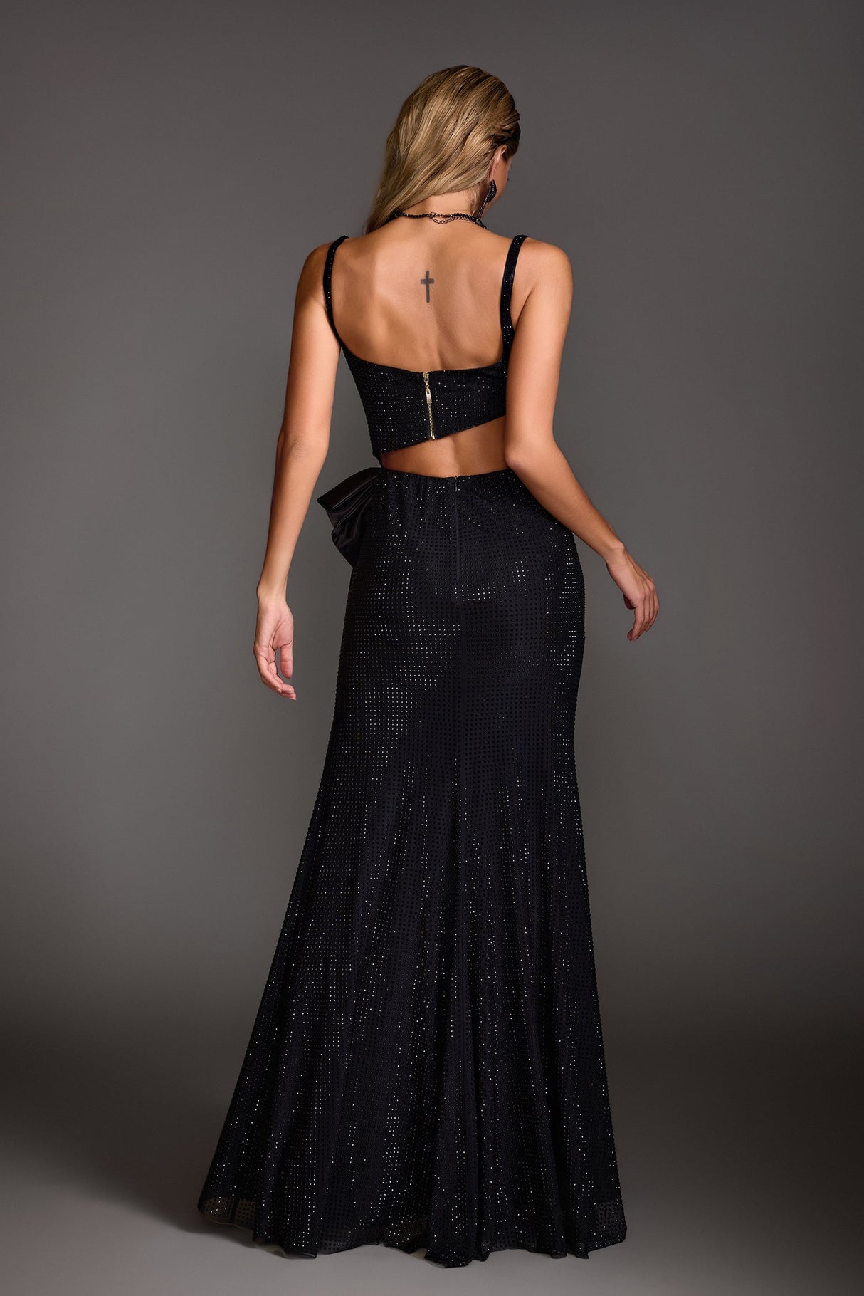 Carmela Black Maxi Dress with High Slit and Chic Bow Detail