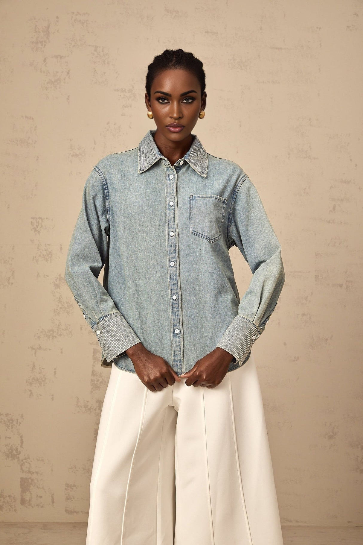 Carmela Denim Shirt - Classic Collar - Long Sleeves - Rhinestone Embellishments - Button Fastening