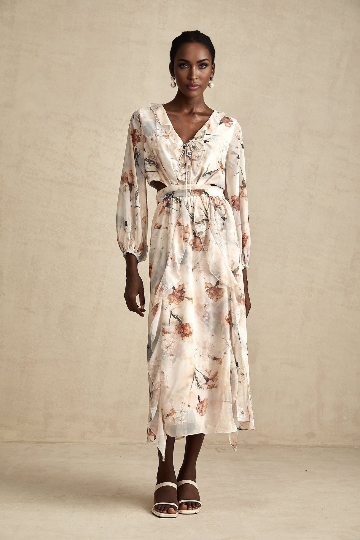Carmela Floral Midi Dress - V - Neck with Tied Feature - Long Puff Sleeves - Open Waist with Ruffled Detailing - Subtle Side Slit