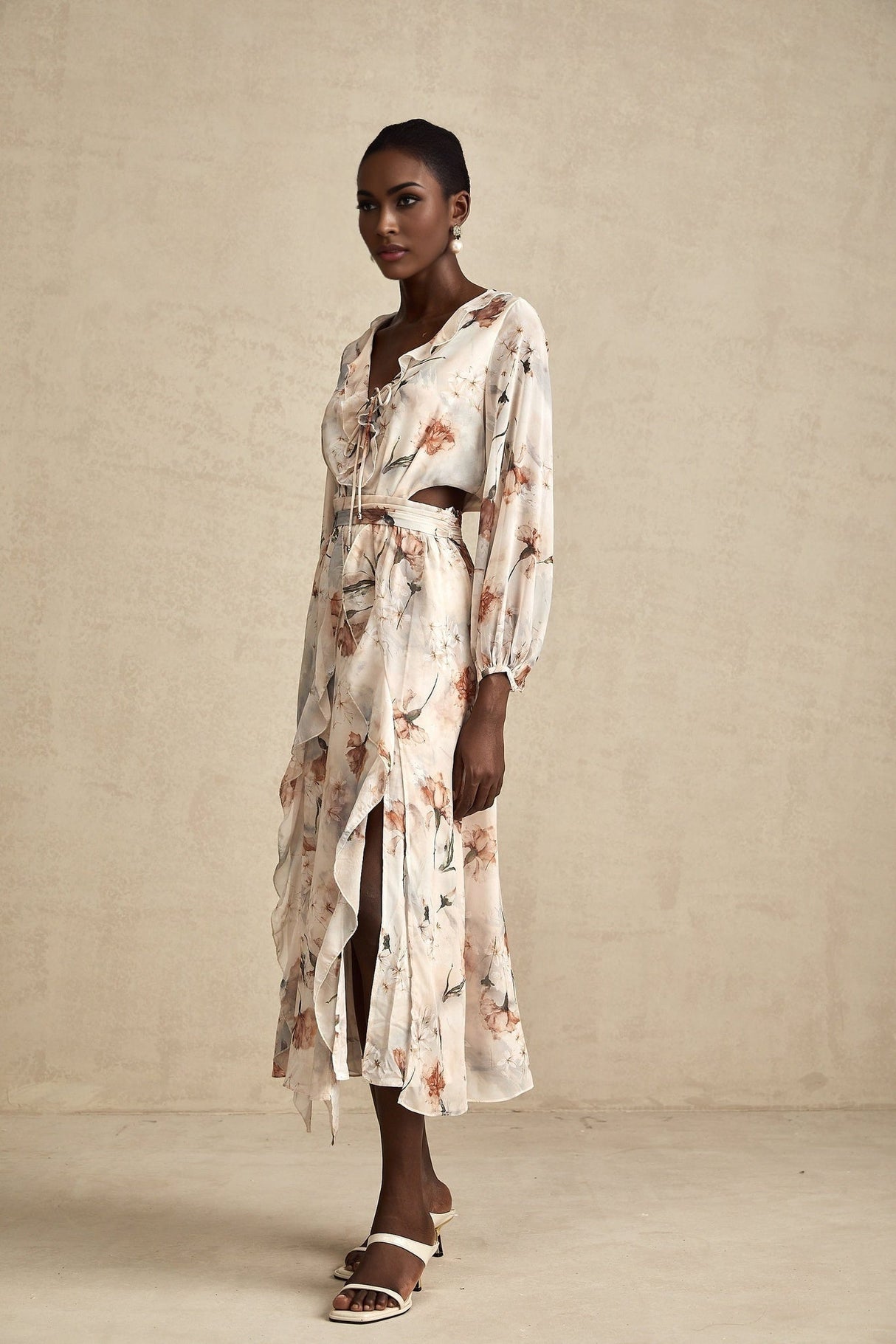 Carmela Floral Midi Dress - V - Neck with Tied Feature - Long Puff Sleeves - Open Waist with Ruffled Detailing - Subtle Side Slit