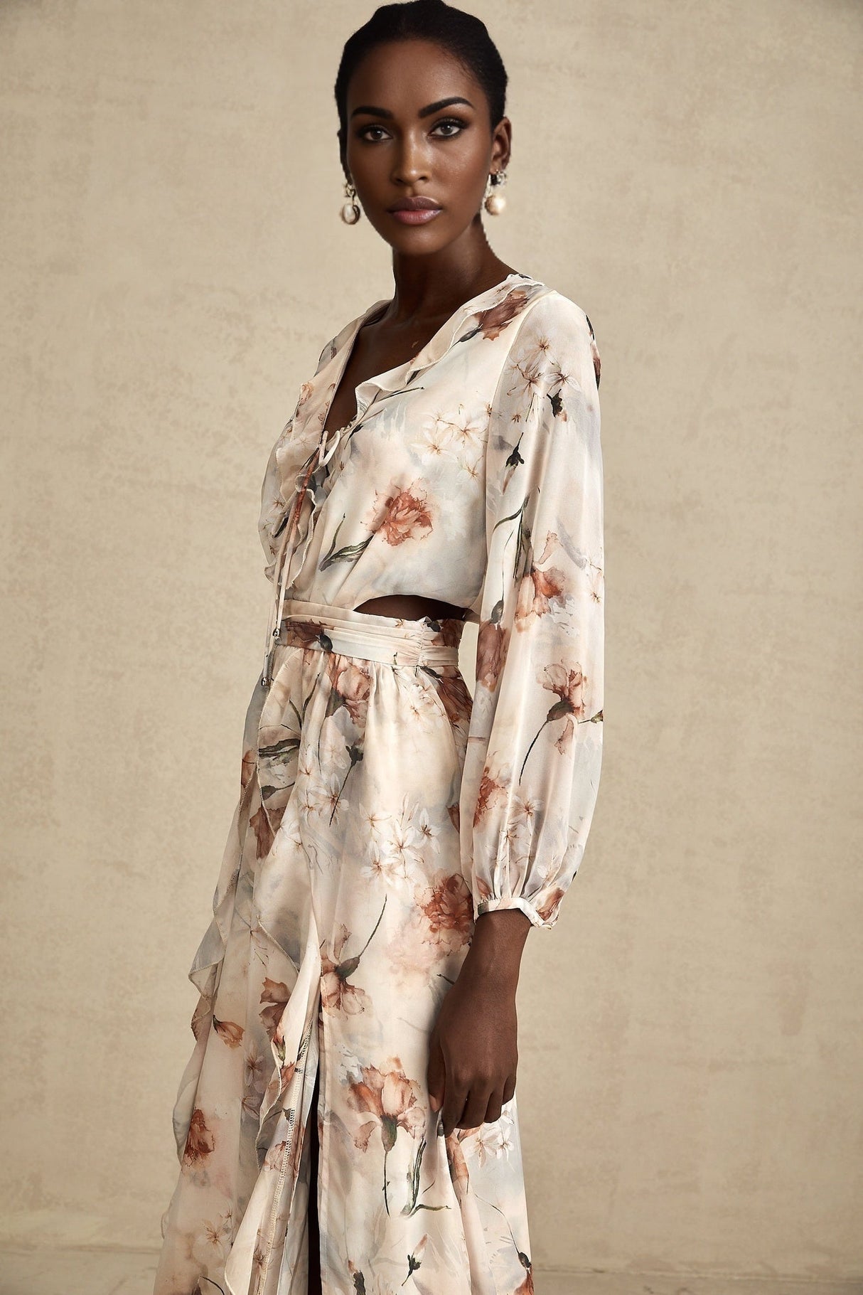 Carmela Floral Midi Dress - V - Neck with Tied Feature - Long Puff Sleeves - Open Waist with Ruffled Detailing - Subtle Side Slit