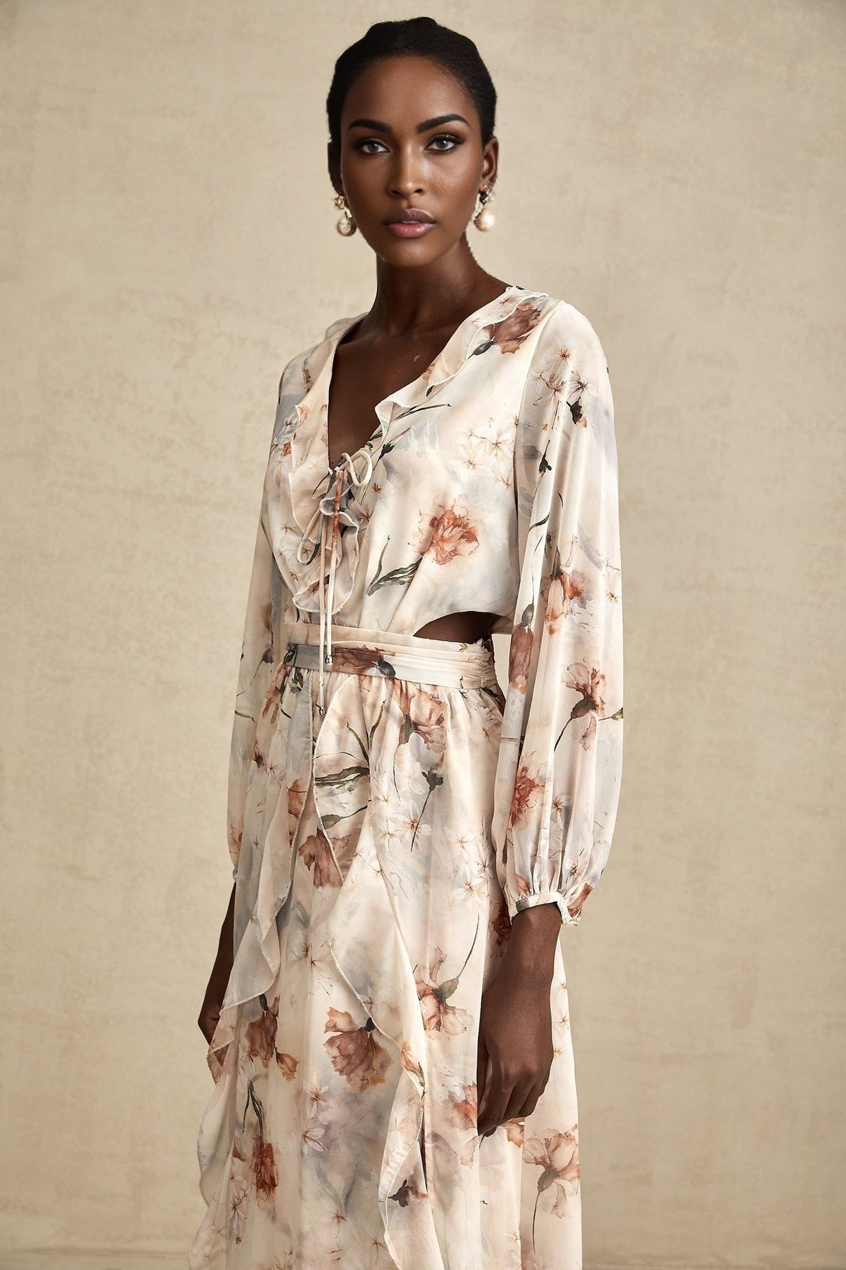 Carmela Floral Midi Dress - V - Neck with Tied Feature - Long Puff Sleeves - Open Waist with Ruffled Detailing - Subtle Side Slit
