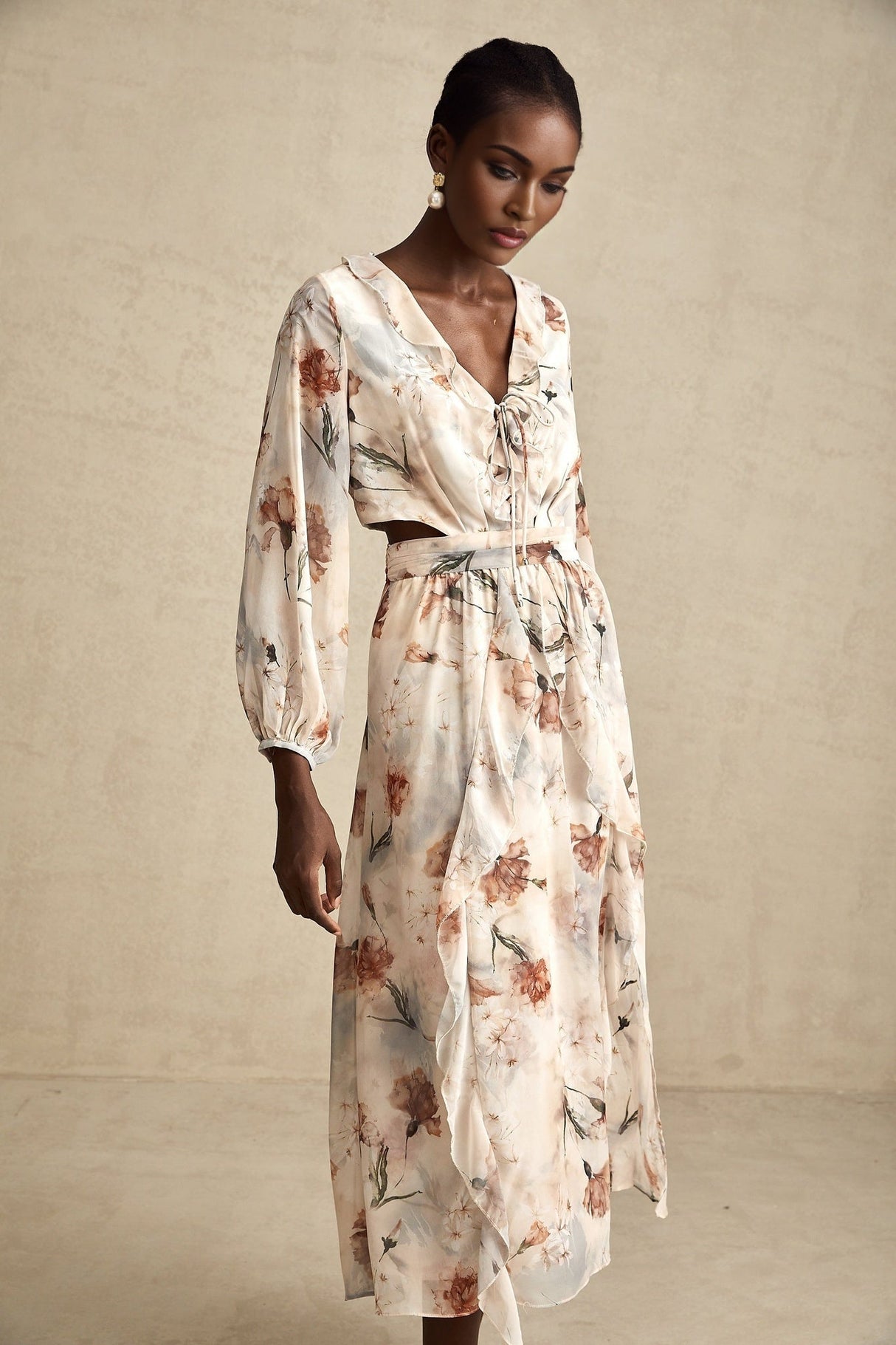Carmela Floral Midi Dress - V - Neck with Tied Feature - Long Puff Sleeves - Open Waist with Ruffled Detailing - Subtle Side Slit