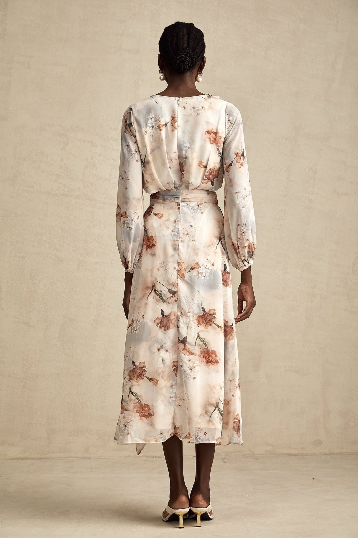 Carmela Floral Midi Dress - V - Neck with Tied Feature - Long Puff Sleeves - Open Waist with Ruffled Detailing - Subtle Side Slit