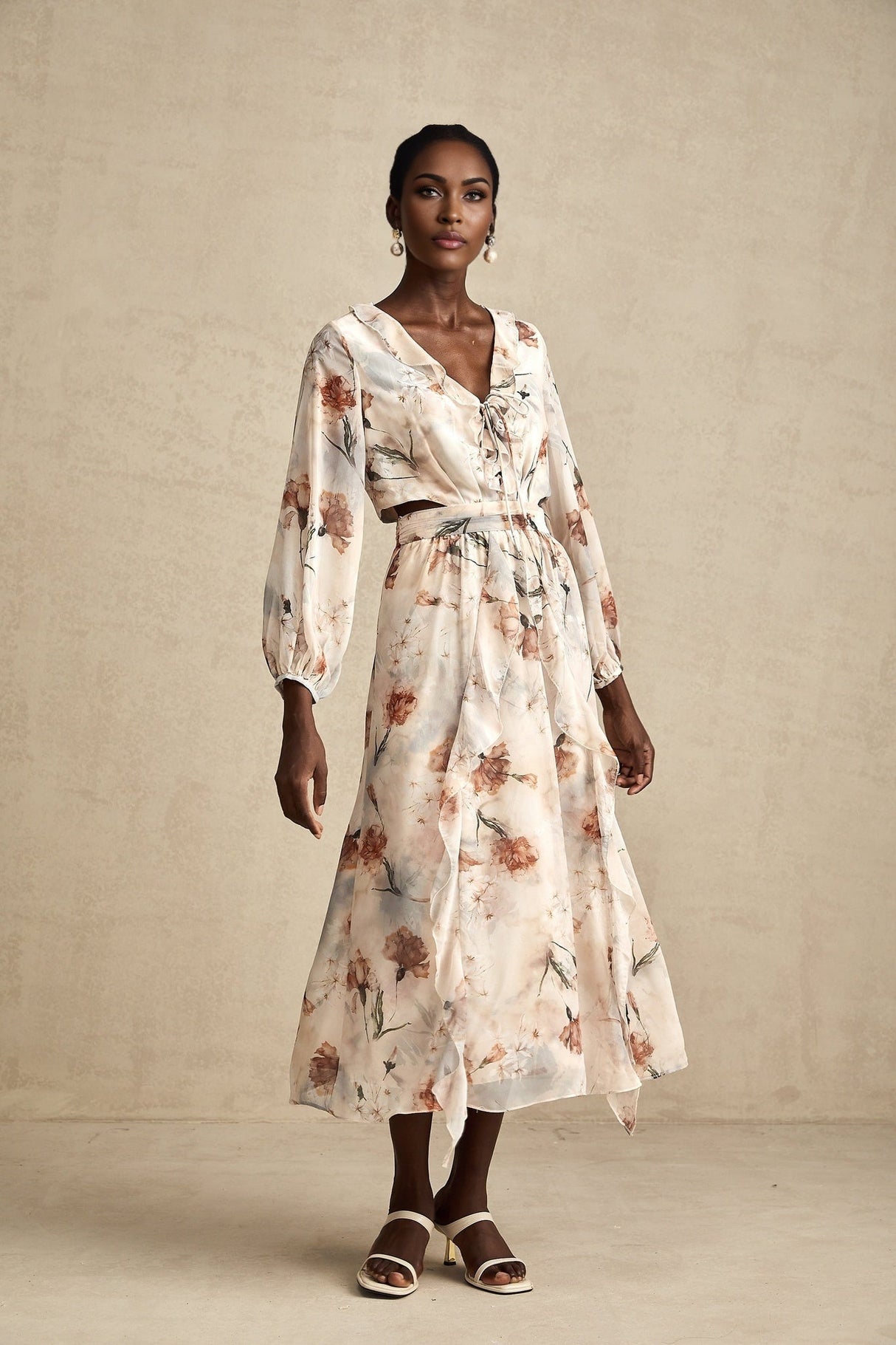 Carmela Floral Midi Dress - V - Neck with Tied Feature - Long Puff Sleeves - Open Waist with Ruffled Detailing - Subtle Side Slit