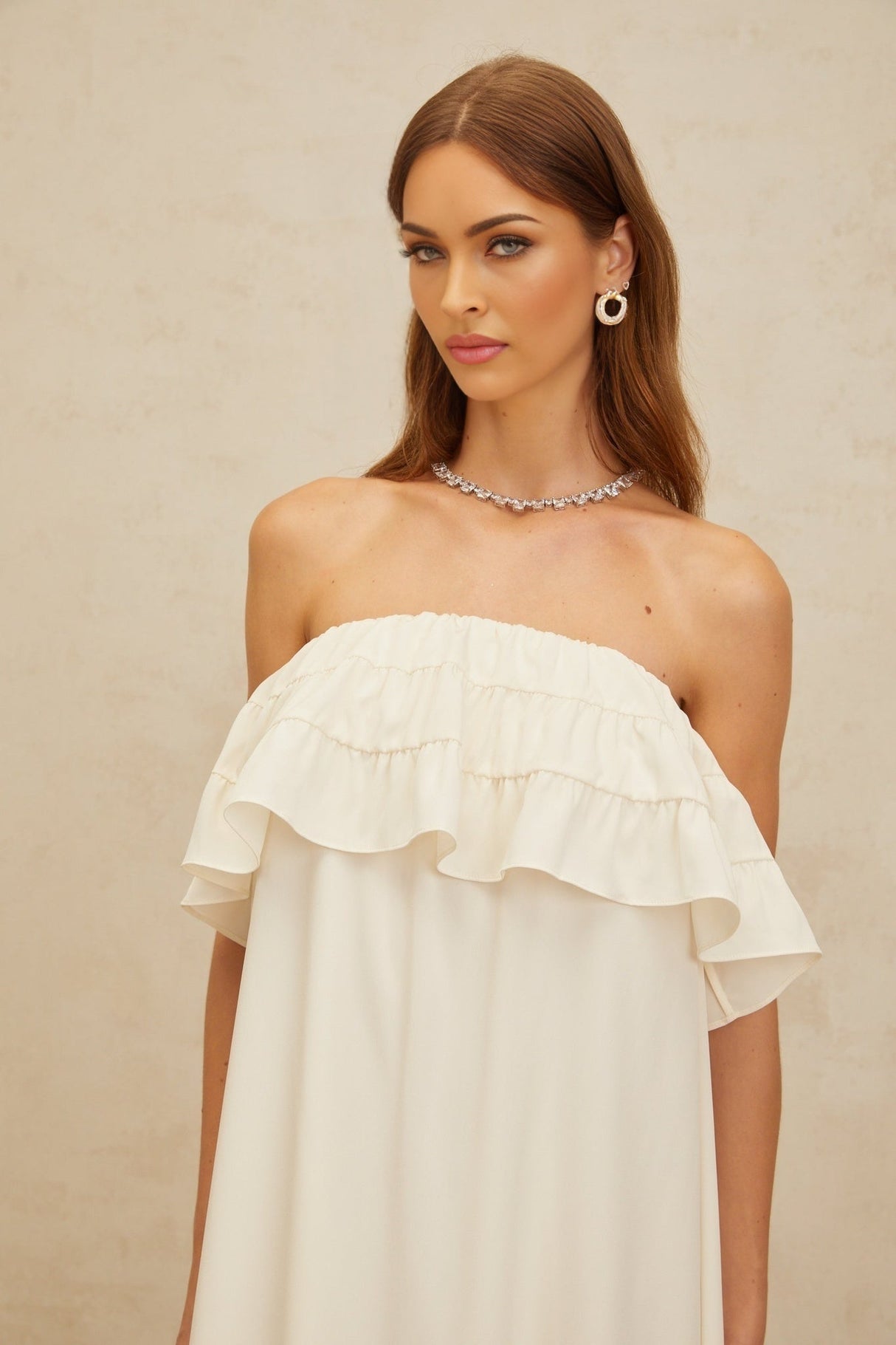 Carmela Maxi Dress - White Off - the - Shoulder Shirred Ruffle Hemline Slit Pockets Floor - Length Feminine Touch
